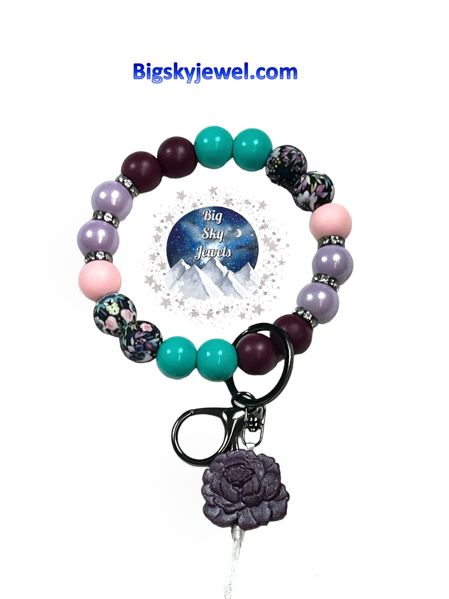 💋 Midnight Garden Silicone Wristlet Keychain Purple Flower print, Lavender Opal, Pink, Liquid Turquoise, and Wine Ages 8+ Kids or Ladies Men Floral