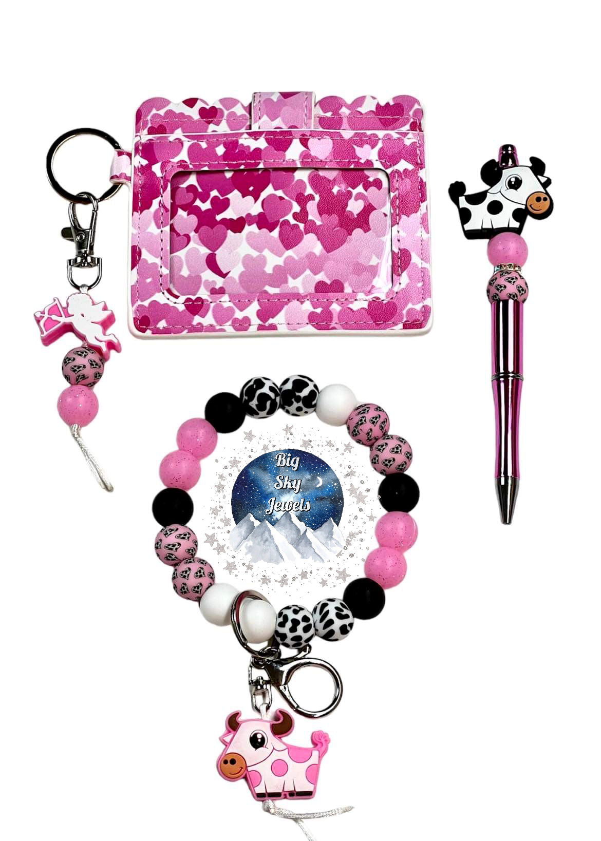 Cow Love Silicone Wristlet Keychain + Pen + Wallet ID Card Set Hearts Heart Print, Black, Black & White Cow Print, Pink Glitter, White Ladies Valentine's Day Moms Montana
