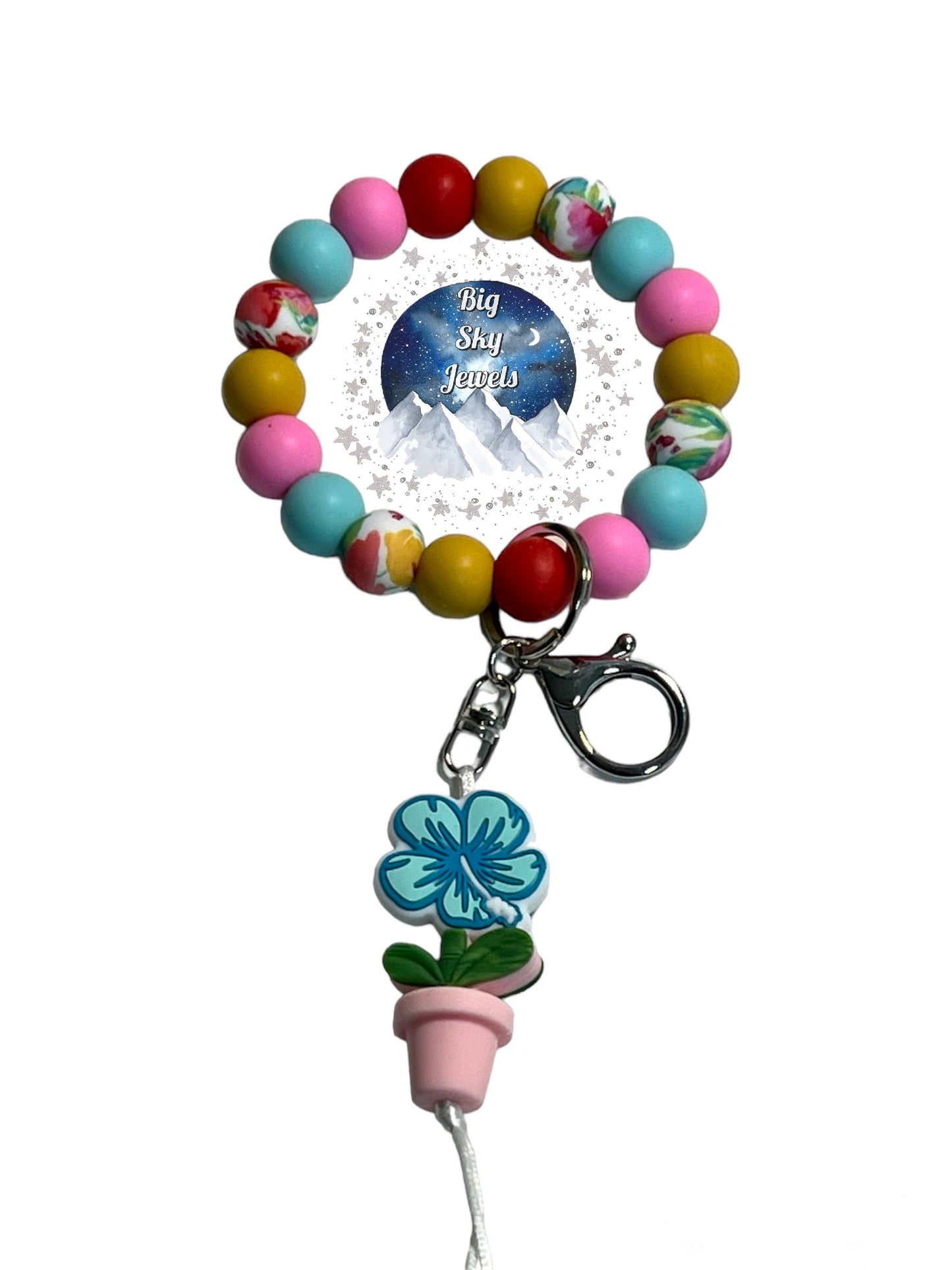 Blue Hibiscus Flower Silicone Wristlet Keychain Summer Bloom Print, Pink, Coral Red, Sunflower Yellow and Aqua. Ages 8+ Kids or Ladies Moms Mothers Day