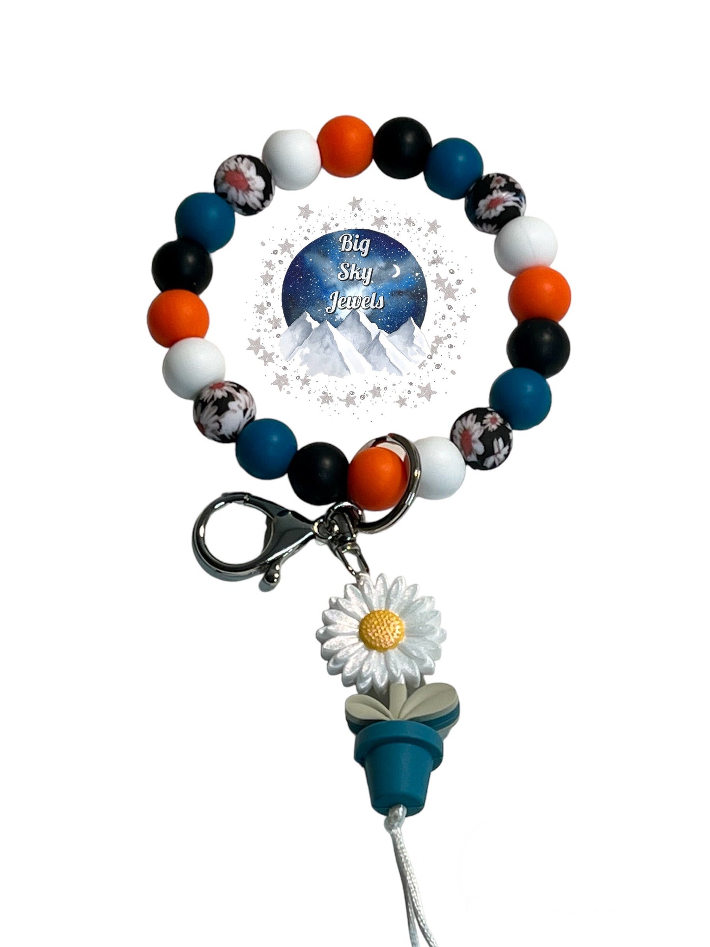 White Opal Flower Silicone Wristlet Keychain Black Floral Print, Blue , Orange, White, and Black. Ages 8+ Kids or Ladies Moms Mothers Day
