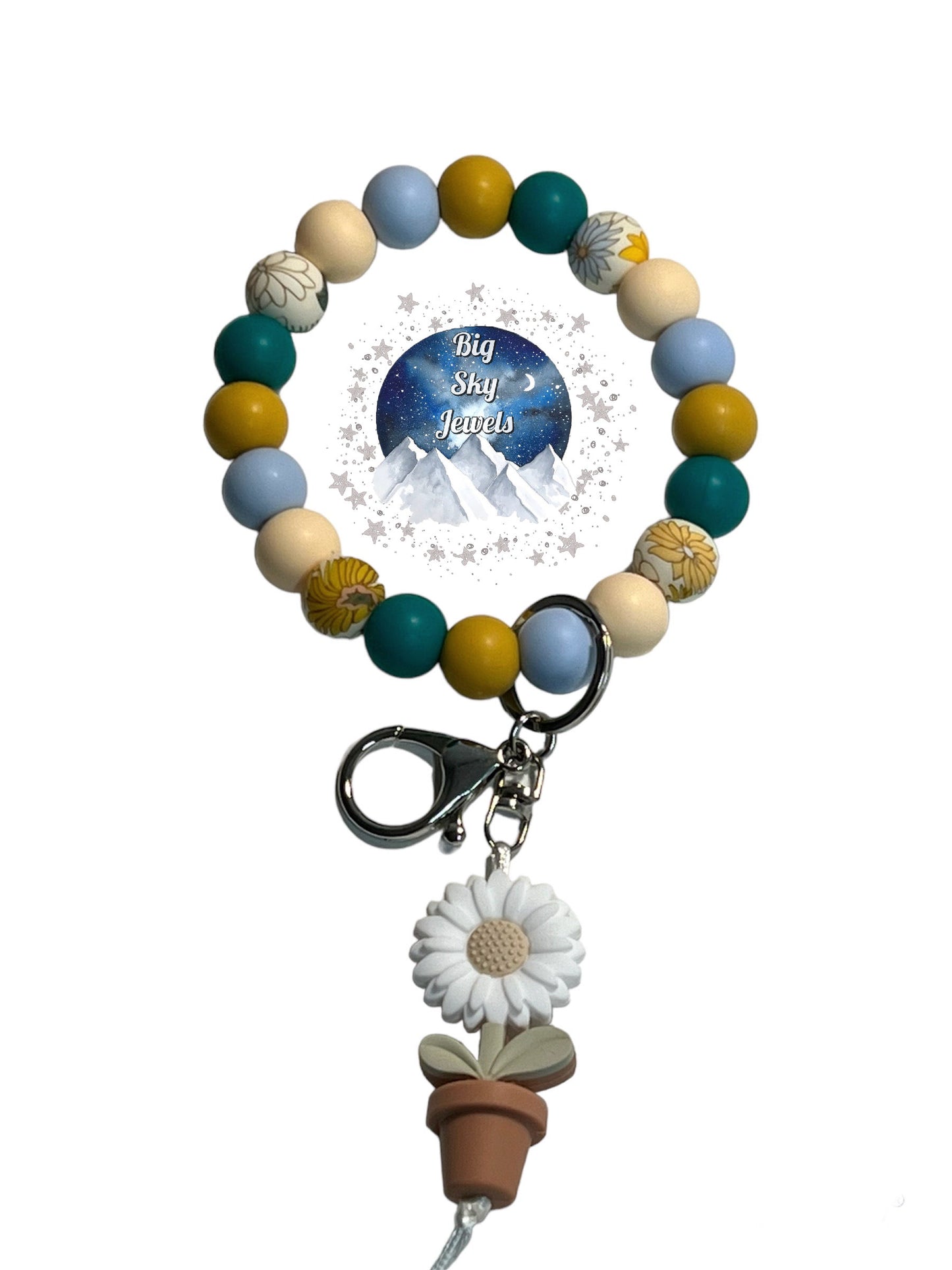 White Boho Flower Silicone Wristlet Keychain Floral Print, Teal, Beige, Cornflower Blue, and Sunflower Yellow. Ages 8+ Kids or Ladies Moms Mothers Day