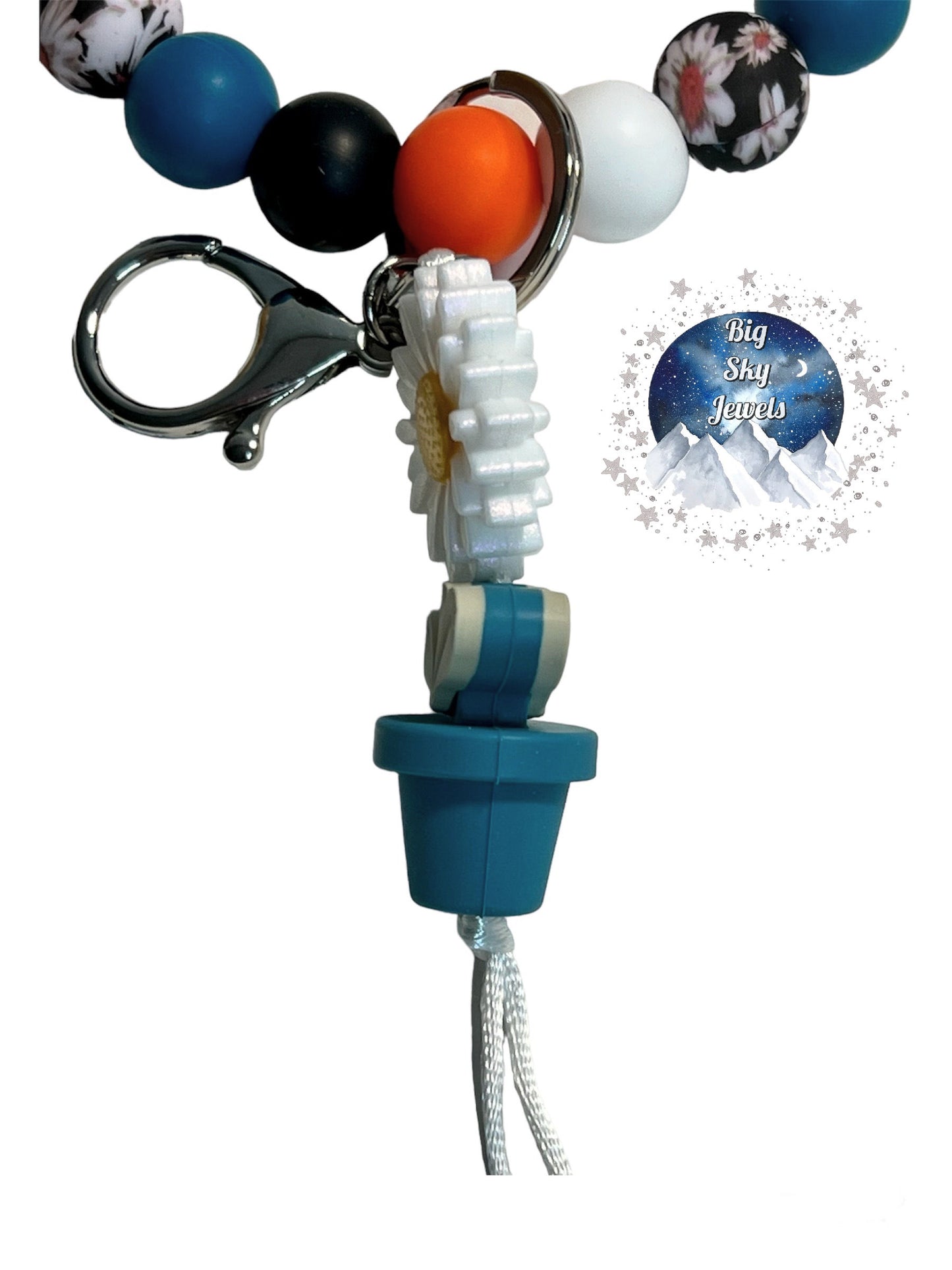 White Opal Flower Silicone Wristlet Keychain Black Floral Print, Blue , Orange, White, and Black. Ages 8+ Kids or Ladies Moms Mothers Day