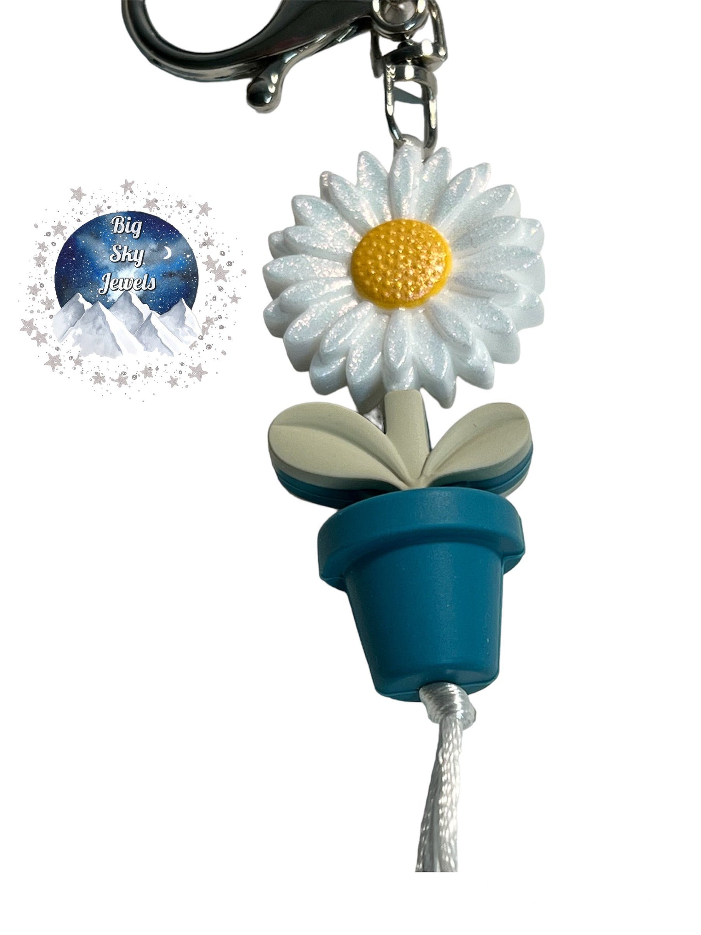 White Opal Flower Silicone Wristlet Keychain Black Floral Print, Blue , Orange, White, and Black. Ages 8+ Kids or Ladies Moms Mothers Day