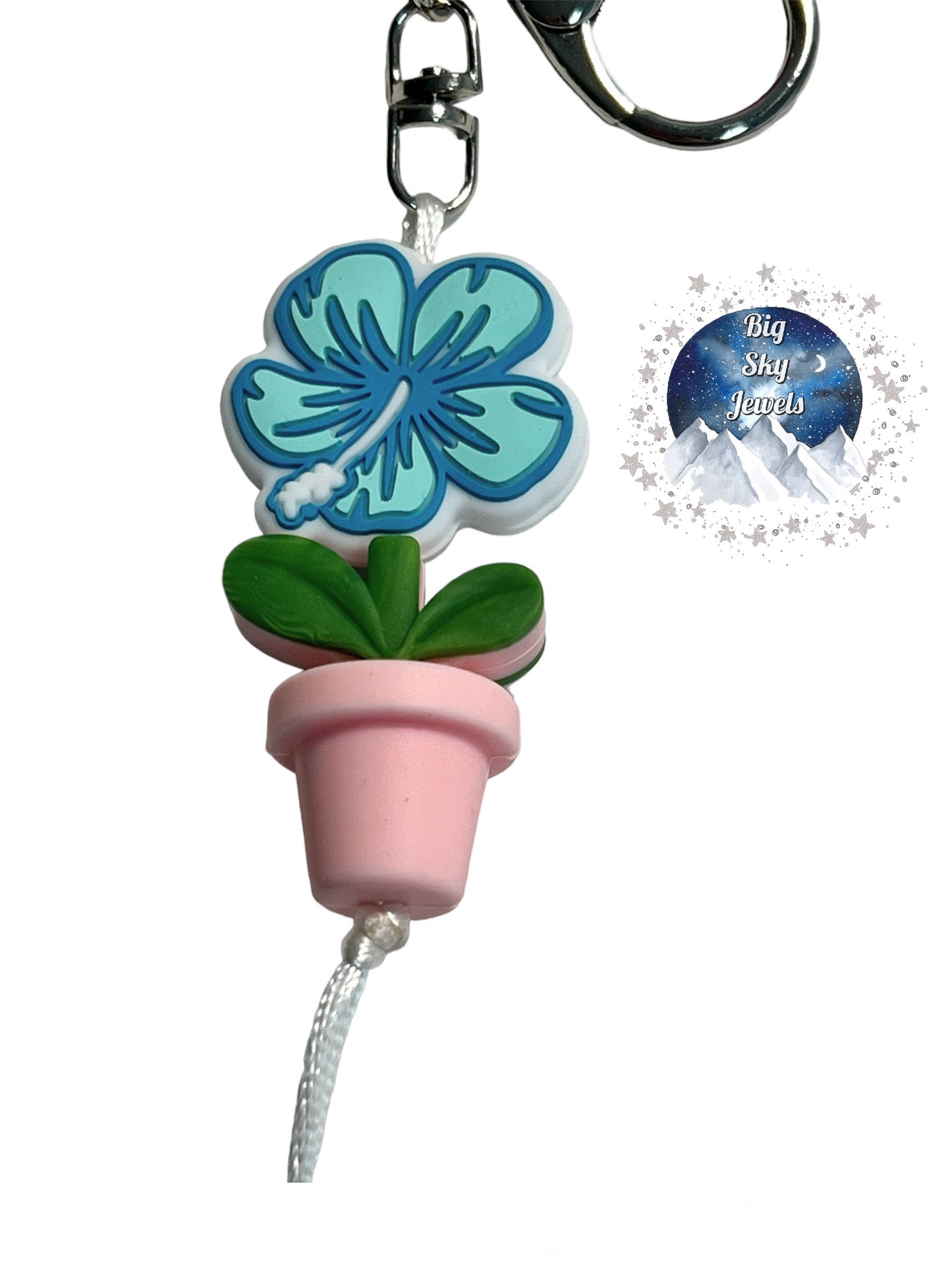 Blue Hibiscus Flower Silicone Wristlet Keychain Summer Bloom Print, Pink, Coral Red, Sunflower Yellow and Aqua. Ages 8+ Kids or Ladies Moms Mothers Day