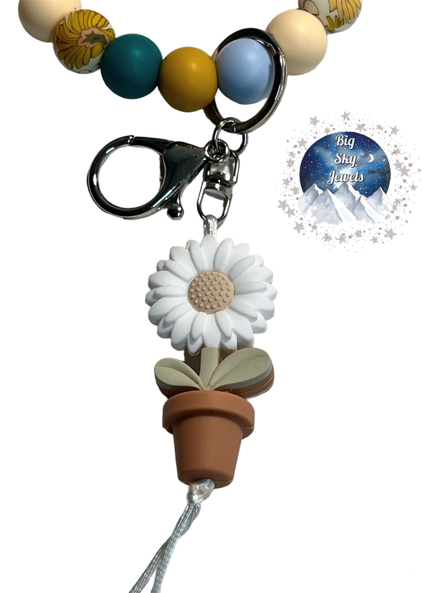 White Boho Flower Silicone Wristlet Keychain Floral Print, Teal, Beige, Cornflower Blue, and Sunflower Yellow. Ages 8+ Kids or Ladies Moms Mothers Day