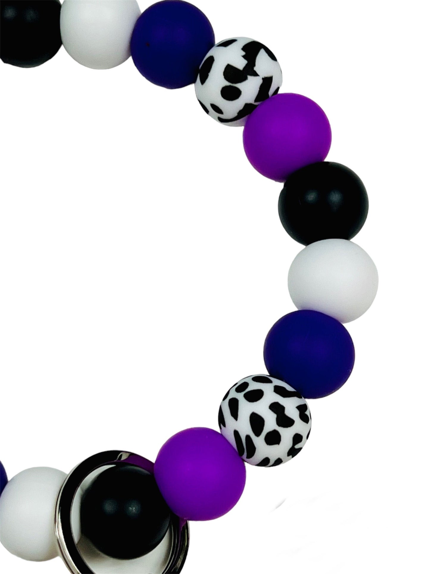 Purple Cowboy Hat Wristlet Keychain Silicone White W/ Black Cow Print Silicone Cow Print Beads, Black, Purple, Deep Purple and White. Ages 8+ Kids or Ladies, Me, Moms Western West