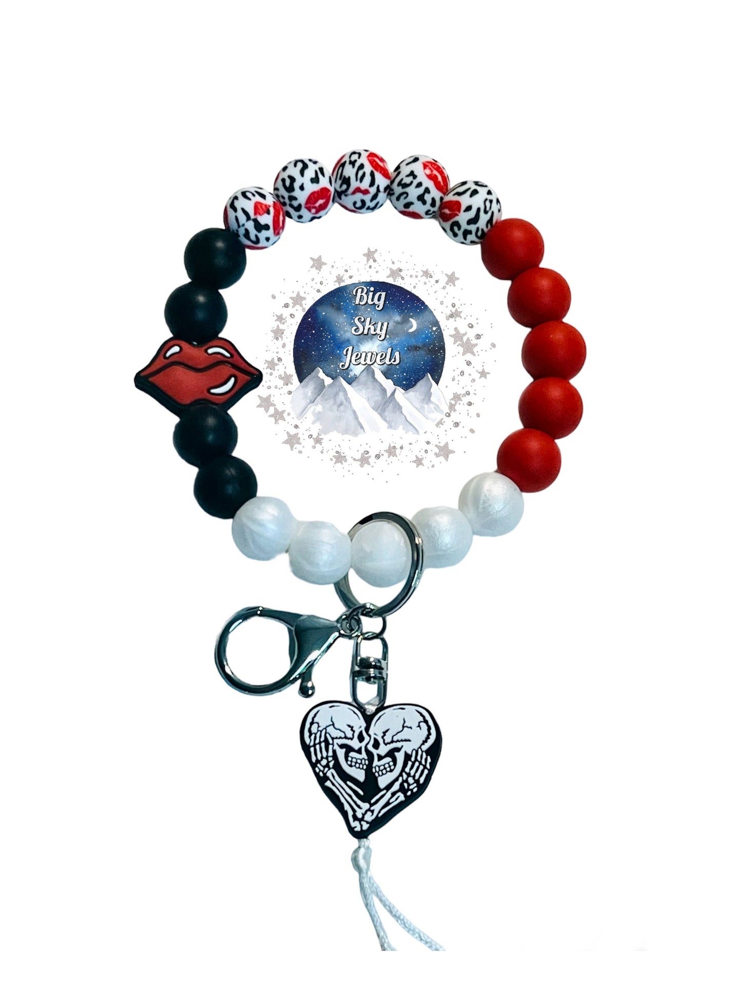 Til Death Do Us Part Wristlet Keychain Silicone Kiss Love Lips Print, White, Red, & Black Ages 8+ Lips Skeleton Ladies or Men