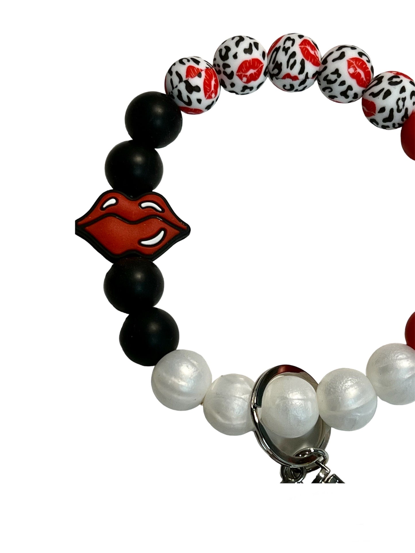 Kiss Me Wristlet Keychain Silicone Kiss Love Lips Print, White, Red, & Black Ages 8+ Lips Ladies or Men