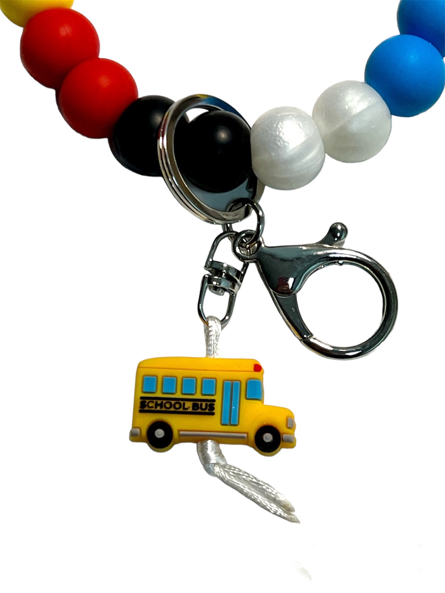 School Bus Wristlet Keychain Silicone, Yellow, Red, Blue, Black, & White Pearl School Ages 8+ Kids, Ladies Men