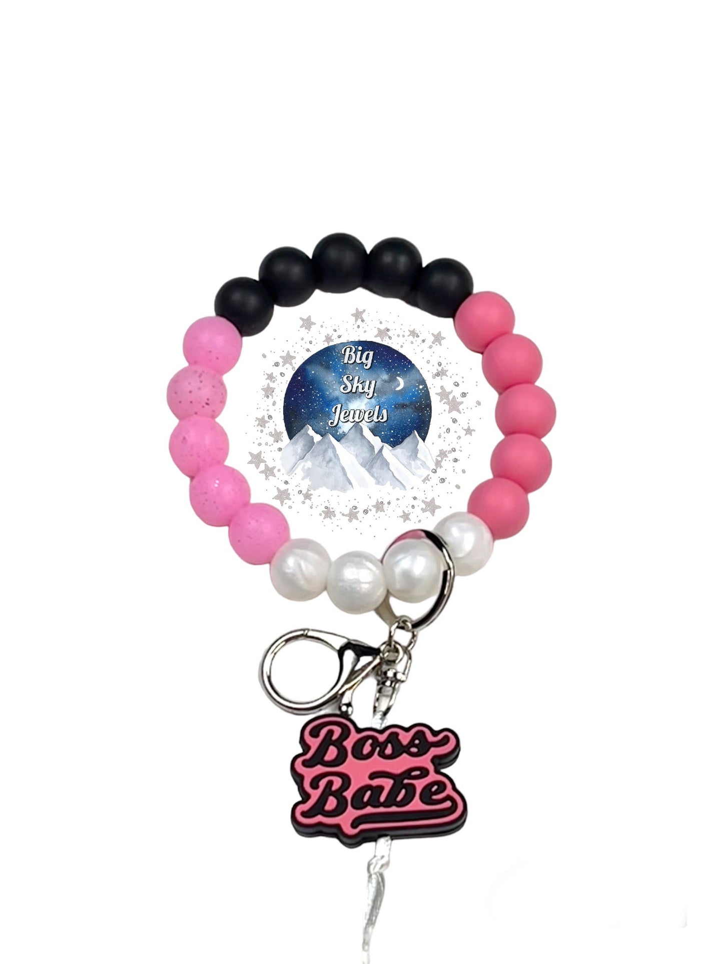 Boss Babe Silicone Wristlet Keychain, Pink Glitter, Black, Strawberry Pink, White Pearl, Ages 8+ Kids, Ladies