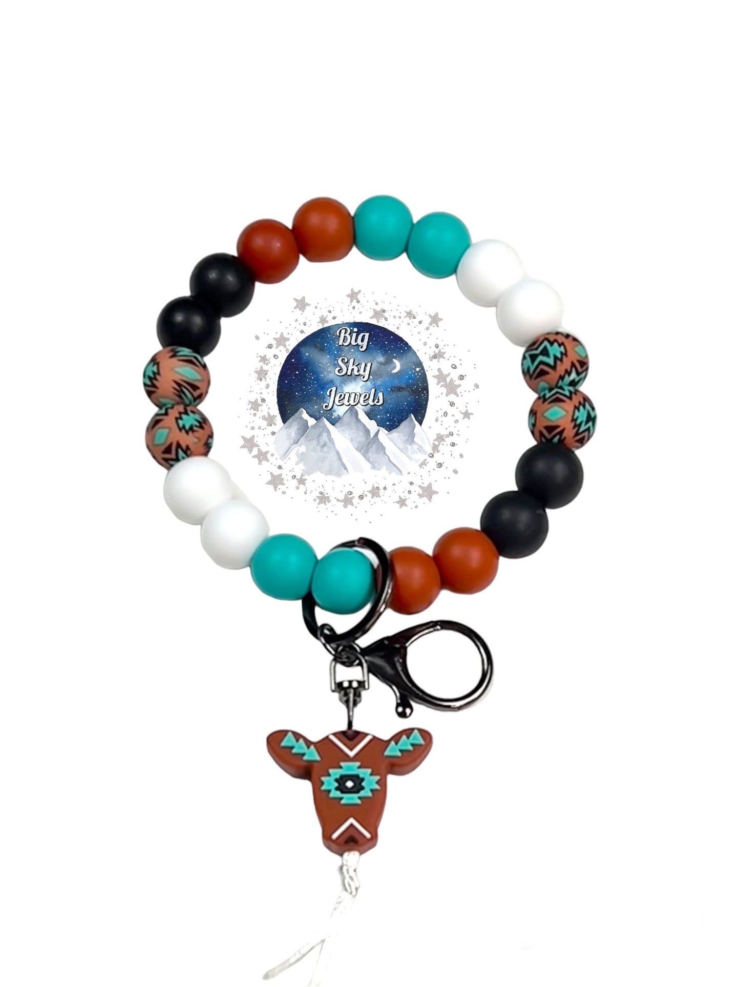 Blaze the Aztec Cow Silicone Wristlet Keychain Rust & Teal Aztec Print, Turquoise, Rust, White and Black Ages 8+ Kids Ladies Moms Men Western West Southwestern