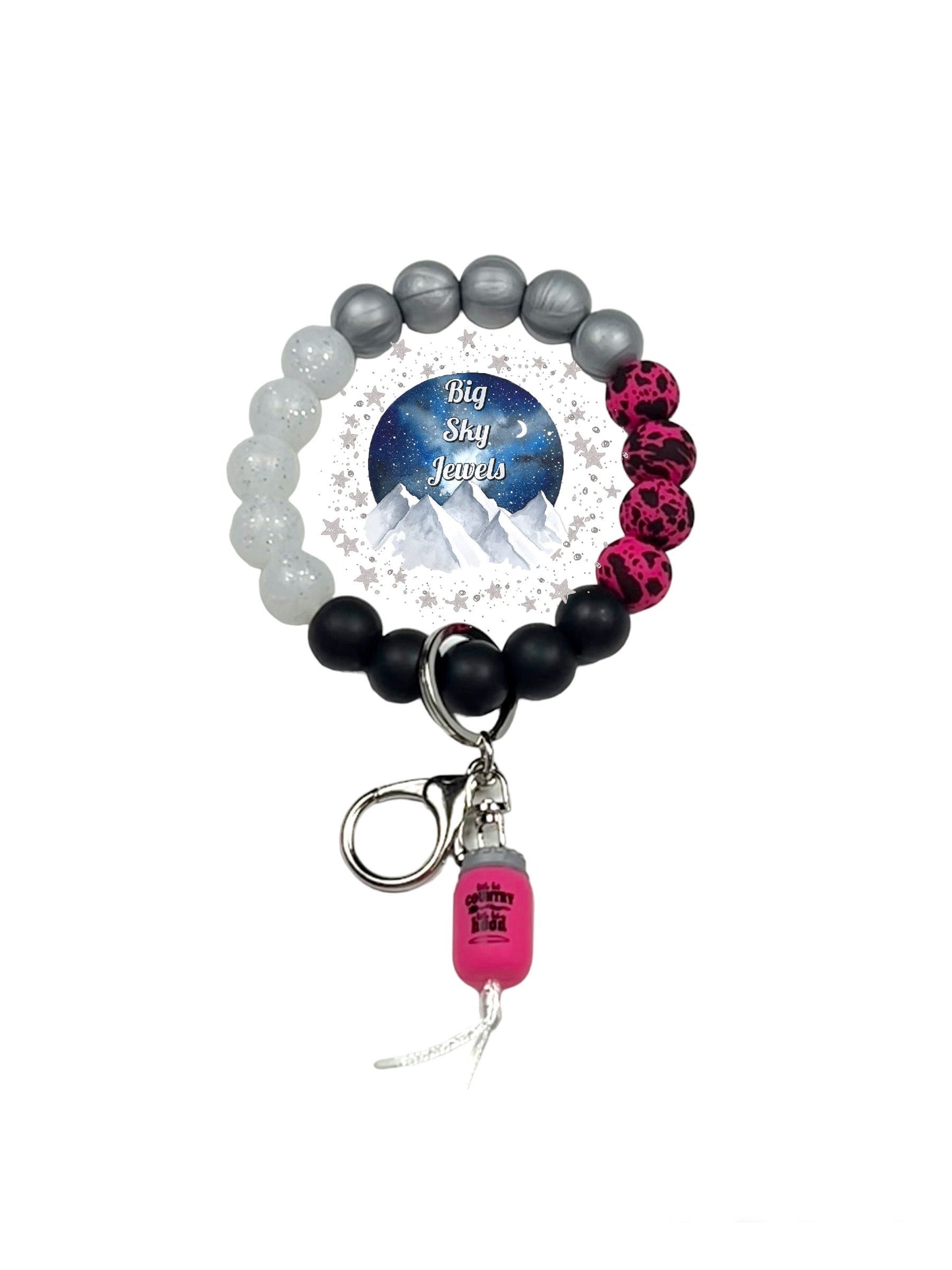 Little Bit Country...Little Bit Hood Wristlet Keychain Silicone Hot Pink Cowhide print, White Glitter, Silver Pearl and Black Ages 8+ Kids or Ladies Men Western West Mason Jar