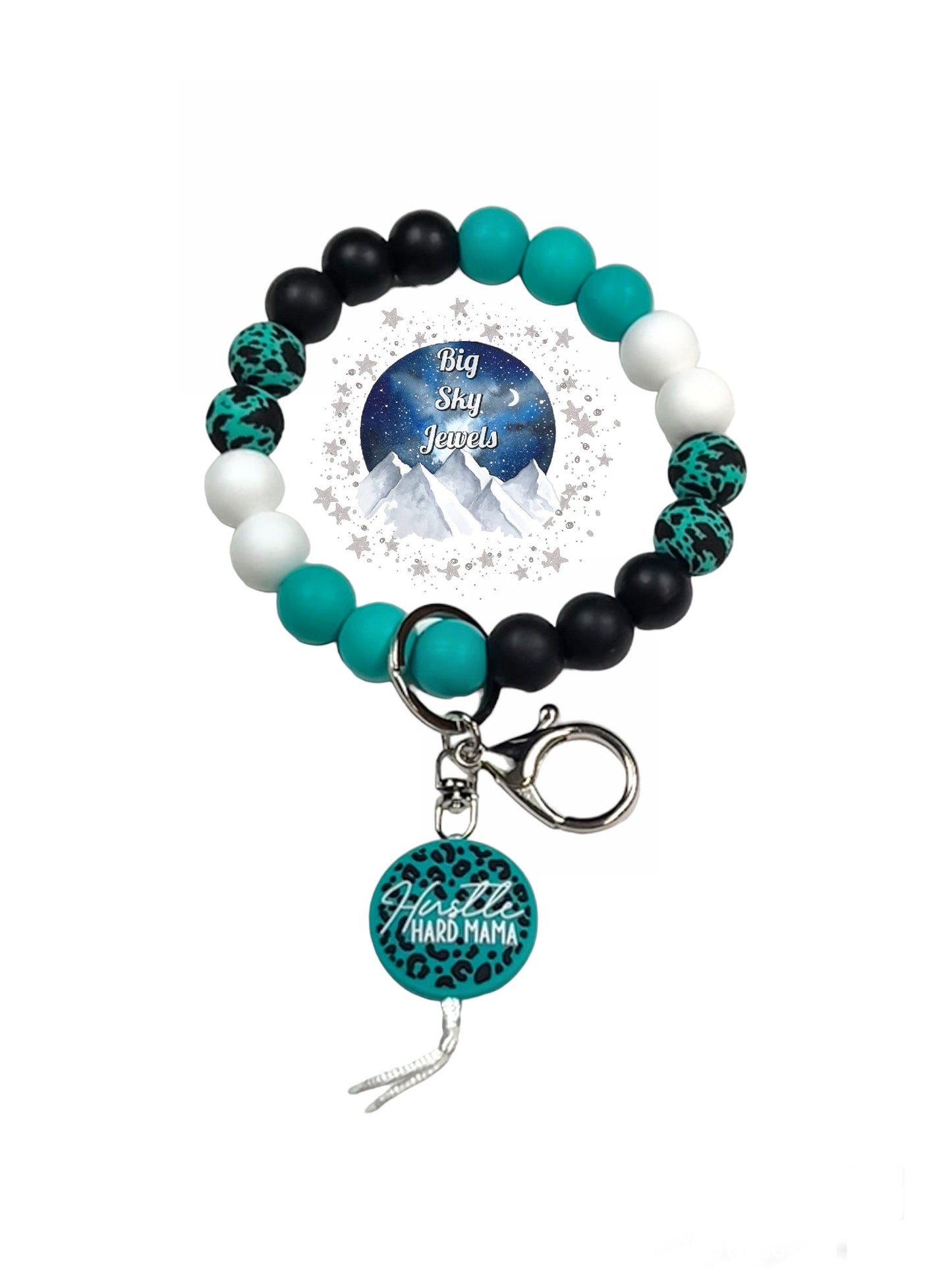 Hustle Hard Mama Wristlet Keychain Silicone Turquoise Cowhide print, White , Turquoise, and Black Ages 8+ Kids or Ladies Men Western West