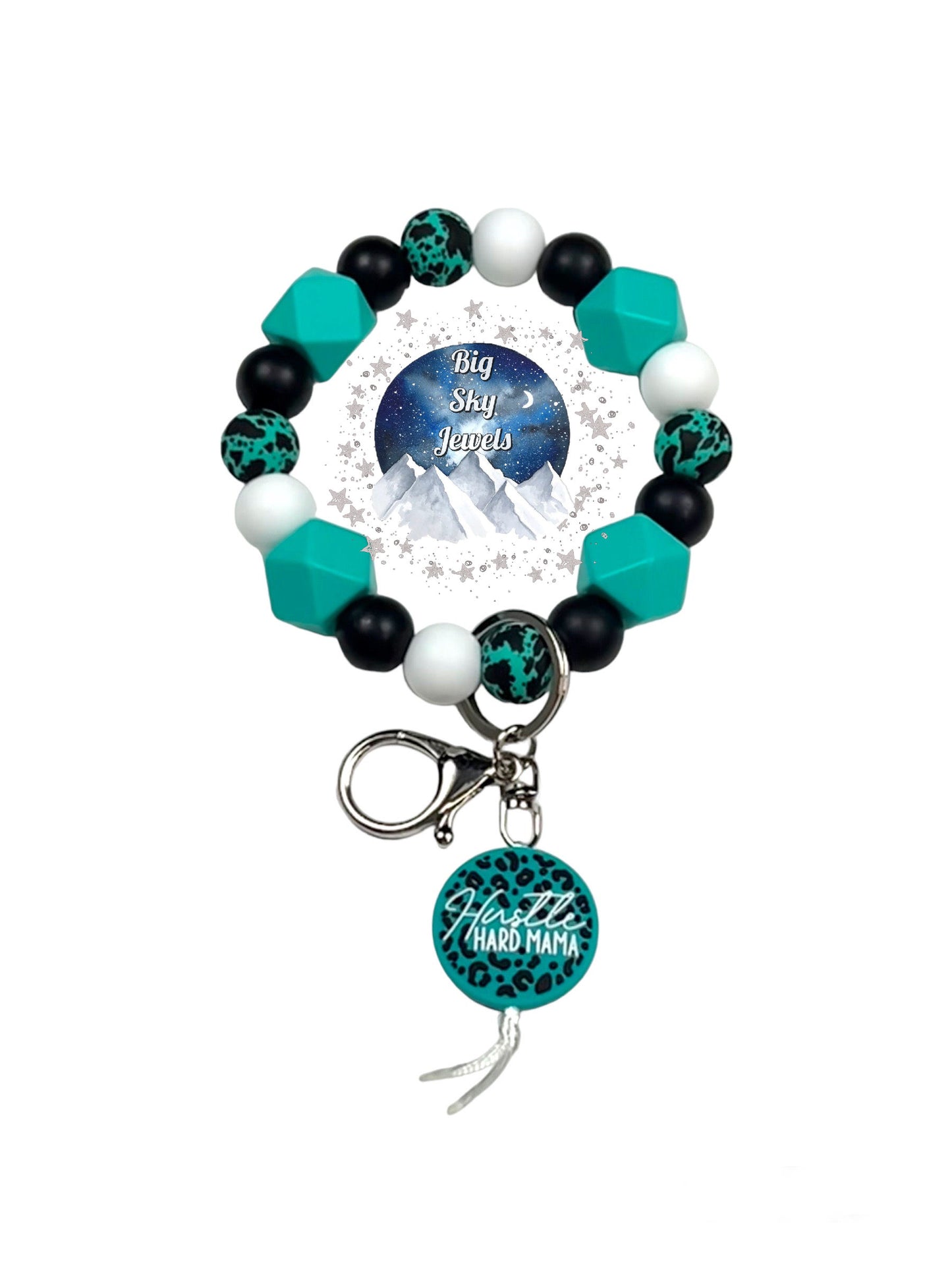 Hustle Hard Mama Wristlet Keychain Silicone Turquoise Cowhide print, White , Turquoise Hexagon, and Black Ages 8+ Kids or Ladies Men Western West