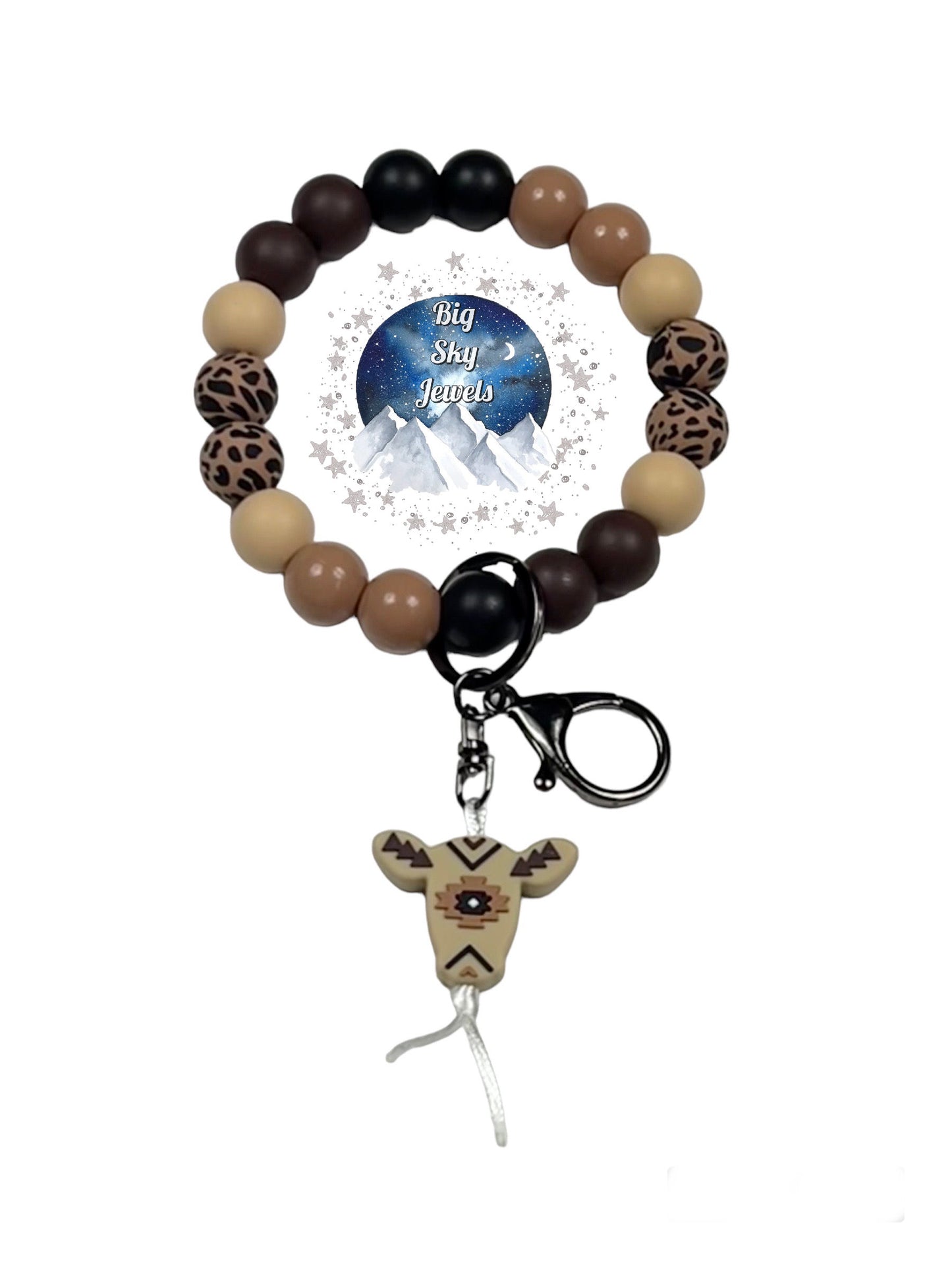 Brownie the Aztec Cow Wristlet Keychain Silicone Brown W/ Black Cow Print Silicone Beads, Black, Brown, & Tan. Ages 8+ Kids or Ladies, Moms, Men Western West
