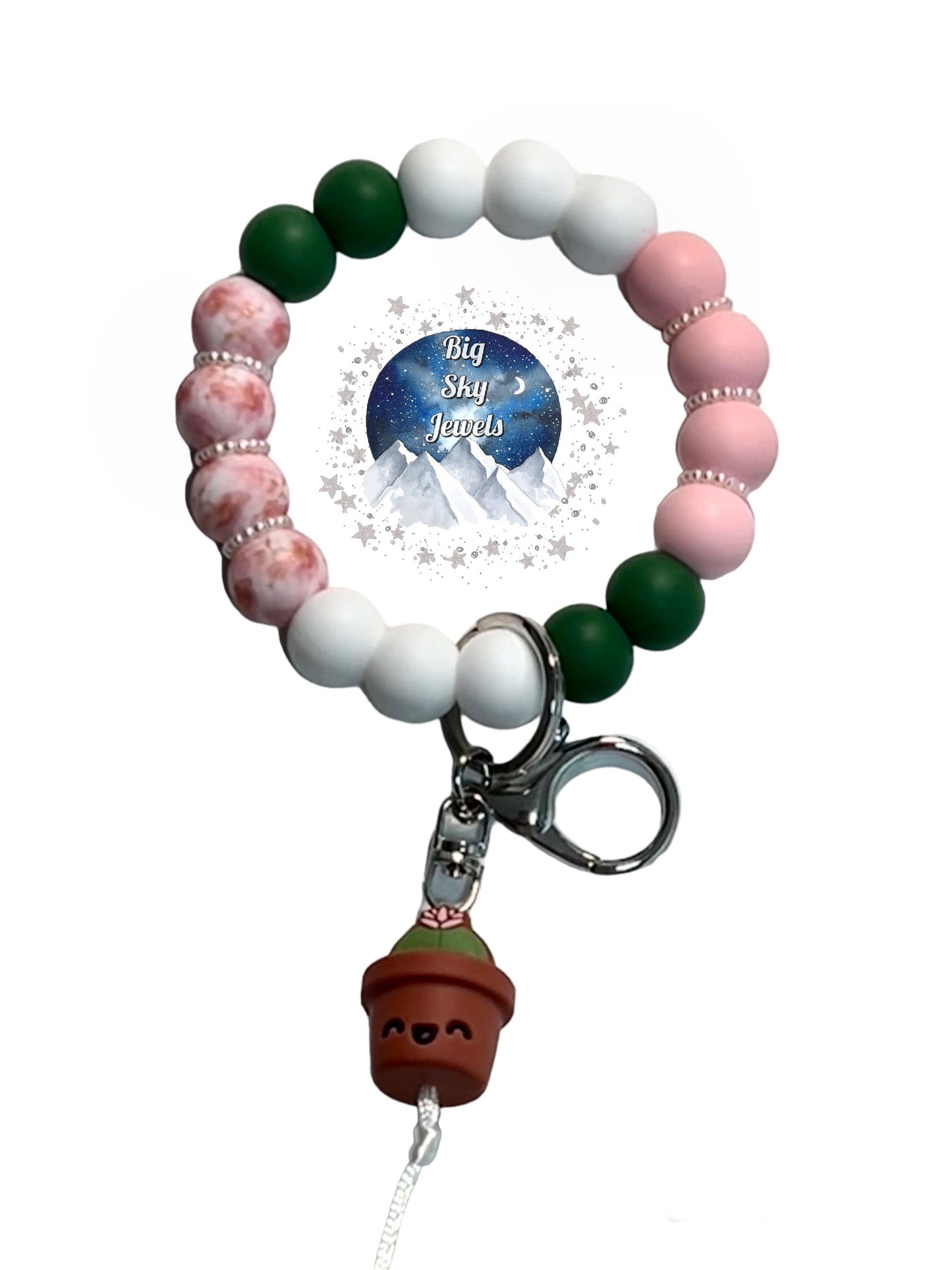 Stabitha the Cactus Wristlet Keychain Silicone Pink Marble Print, Pink, Green, White and Black Ages 8+ Kids Ladies Moms Men Succulent