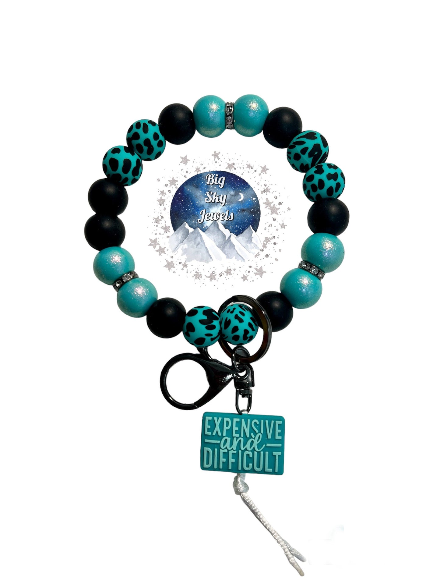 Expensive & Difficult Turquoise Cow Wristlet Keychain Silicone Turquoise Cow print, Turquoise Opal, and Black Ages 8+ Kids or Ladies Moms Western West