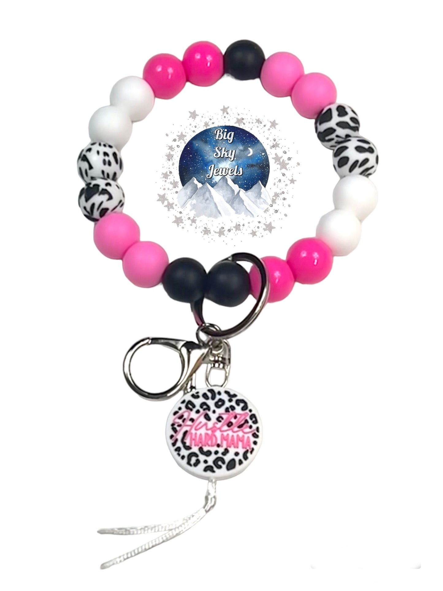 Hustle Hard Mama Silicone Wristlet Keychain White/Black Cow Print, Pink, White, Black Ages 8+ Kids or Ladies Western West