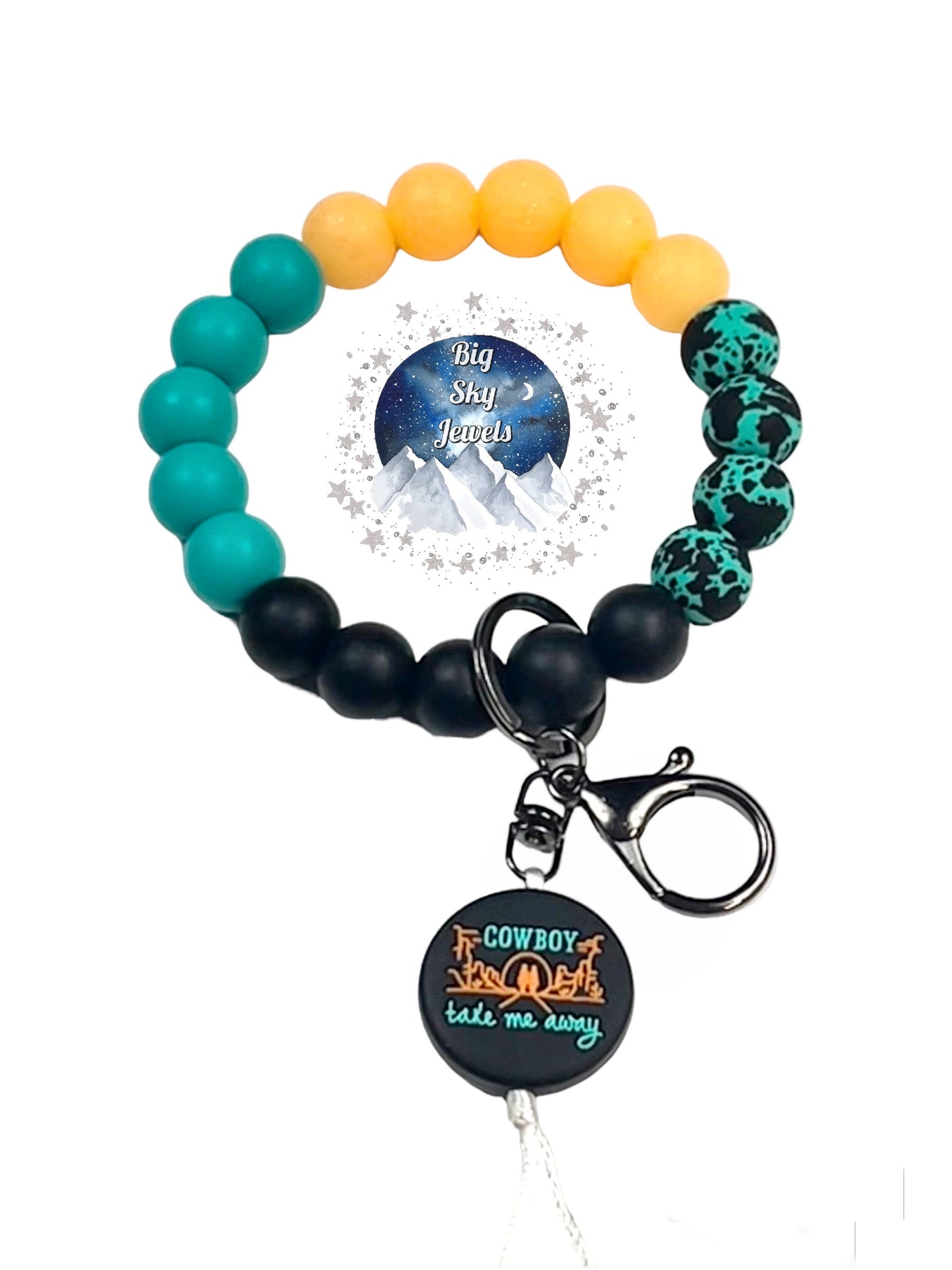 Cowboy Take Me Away Wristlet Keychain Silicone Turquoise Cowhide print, Peach Glitter, Turquoise, and Black Ages 8+ Kids or Ladies Men Western West