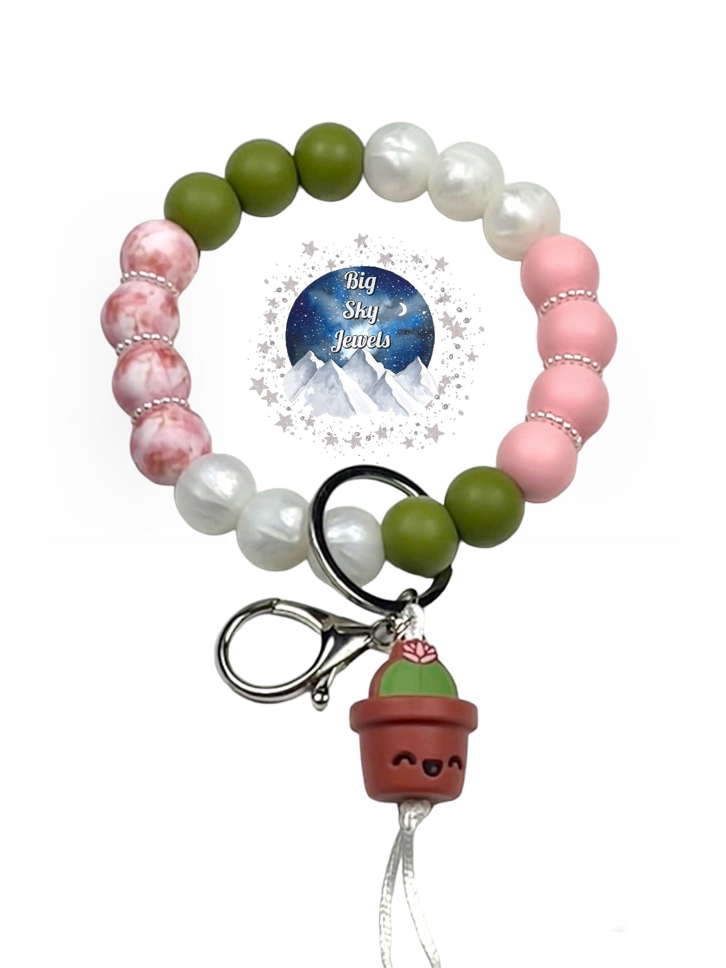 Stabitha the Cactus Wristlet Keychain Silicone Pink Marble Print, Pink, Army Green, White and Black Ages 8+ Kids Ladies Moms Men Succulent