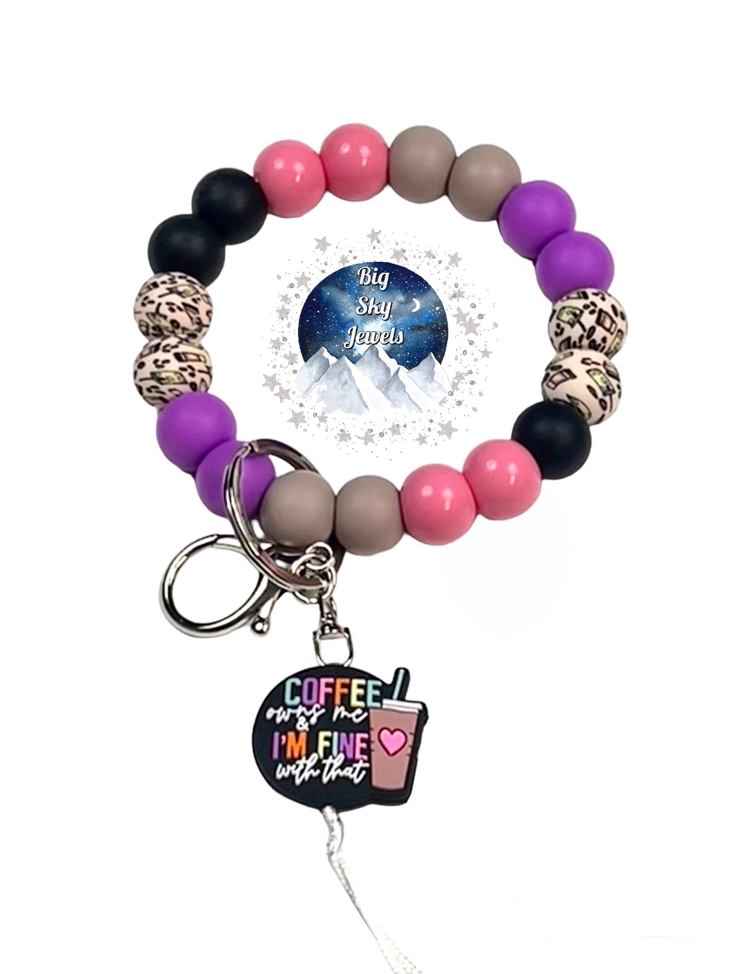 Coffee Owns Me Latte Wristlet Silicone Keychain, Black, Pink, Latte Print, Purple, Brown Ages 8+ Kids, Ladies