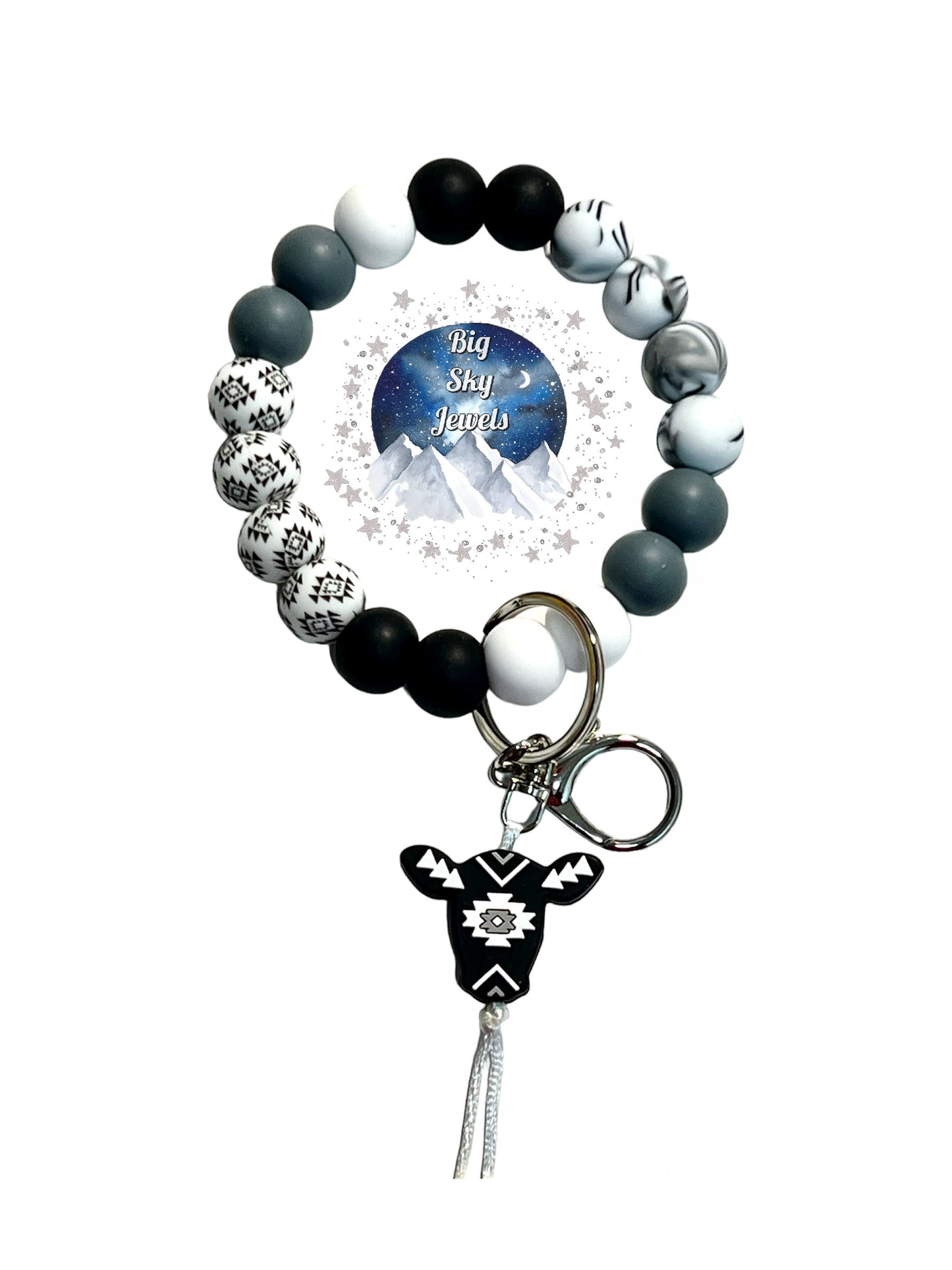 Blackie the Aztec Cow Silicone Wristlet Keychain Black & White Aztec Print, Marble, Gray, White and Black Ages 8+ Kids Ladies Moms Men Western West Southwestern