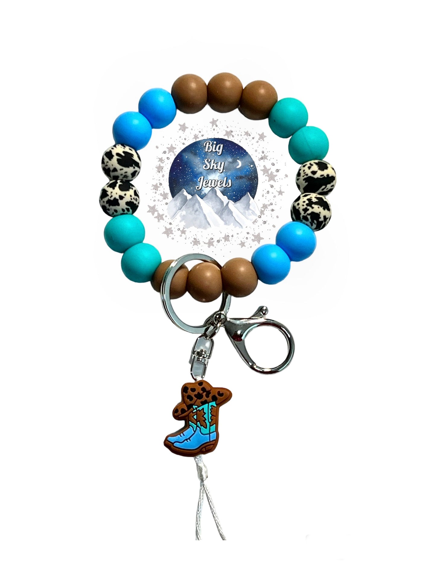Cowboy Hat & Boots Cowgirl Silicone Wristlet Keychain Cowhide, Dark Brown, Turquoise, & Blue, Ages 8+ Kids or Ladies Fall Western West