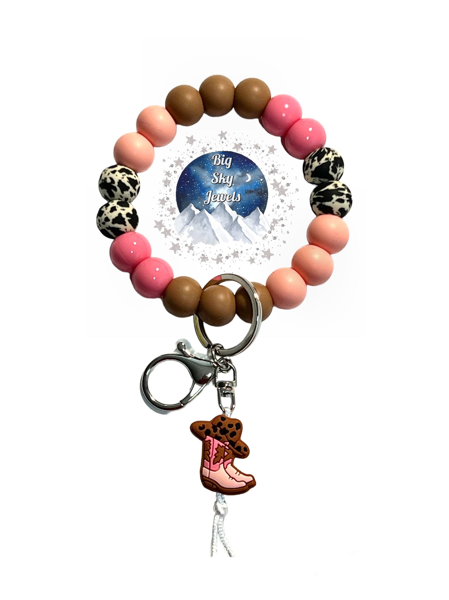 Cowboy Hat & Boots Cowgirl Silicone Wristlet Keychain Cowhide, Dark Brown, Peachy Pink, & Liquid Pink , Ages 8+ Kids or Ladies Fall Western West