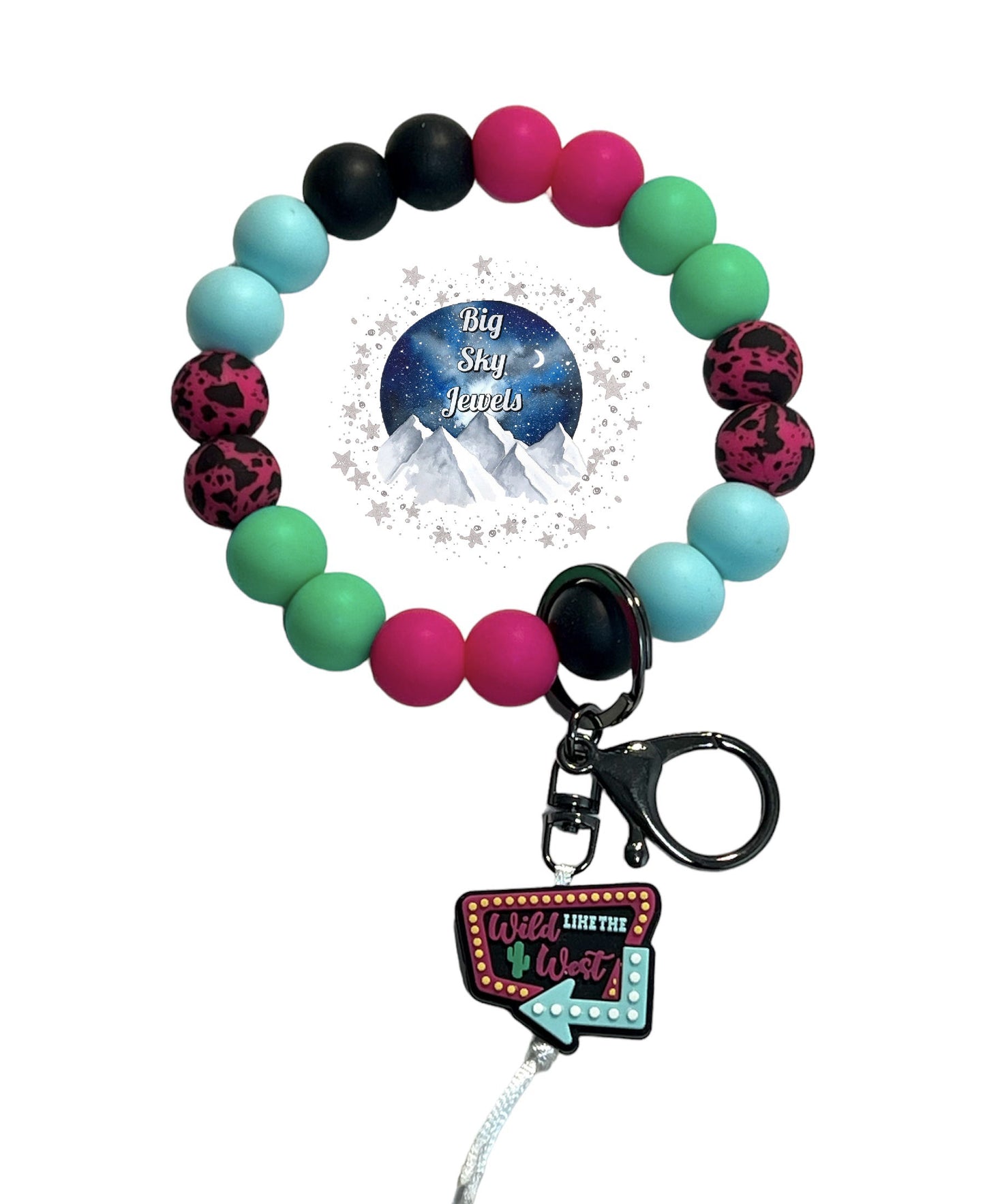 Wild Like the West Wristlet Keychain Silicone Hot Pink Cowhide Print, Green, Hot Pink, Blue, and Black Ages 8+ Kids or Ladies Men Western West