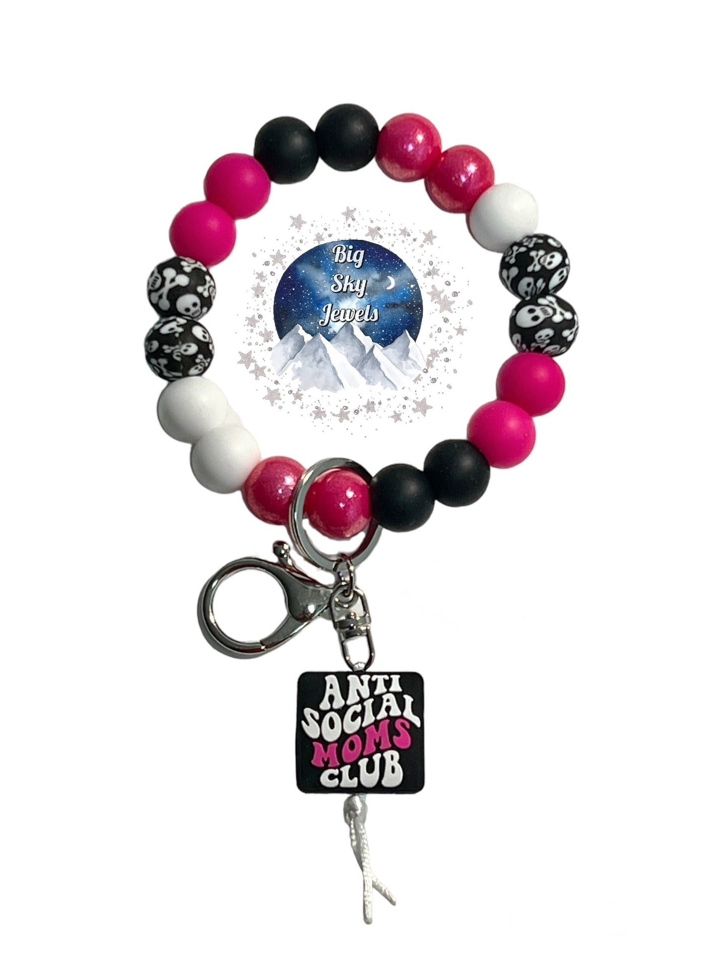 Anti Social Mom's Club Wristlet Silicone Keychain Pink Opal, Pirate Print, Black, White, and Fuchia Ages 8+ Kids Ladies Moms Men