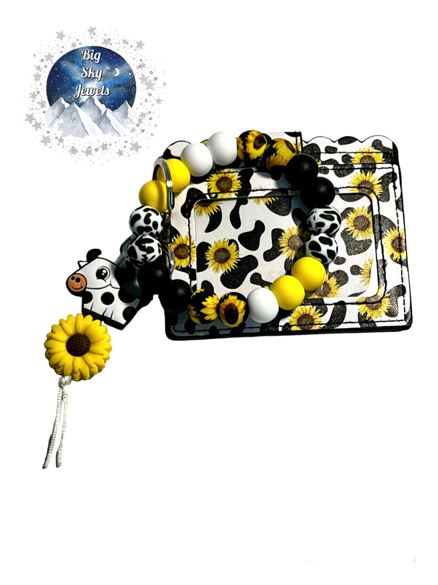Sunflower & Cow Wristlet Silicone Keychain + Wallet Sunflower Print, Black, Brown, and Yellow Ages 8+ Kids or Ladies Moms