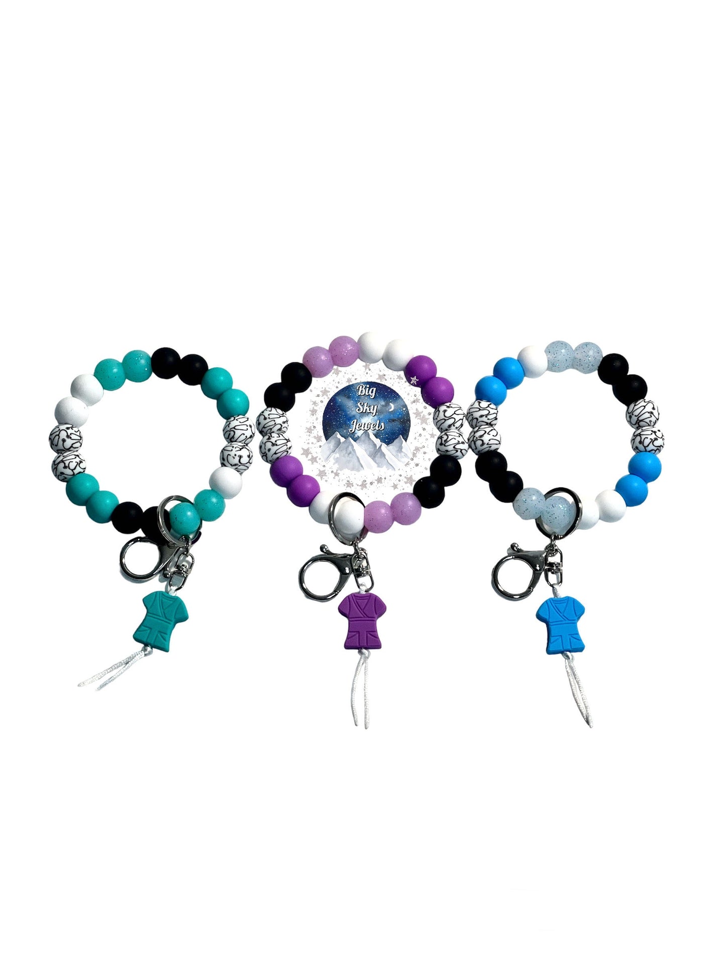 Nurse Healthcare Worker Scrub Silicone Wristlet Keychain Black, Gray, White, Sky Blue, Pastel Blue, Mint Green, Turquoise, Fuschia, Purple, Pink, Stethoscope Print Bead, Glitter Beads Ages 8+ Kids or Ladies Moms Men Multiple Variation Listing