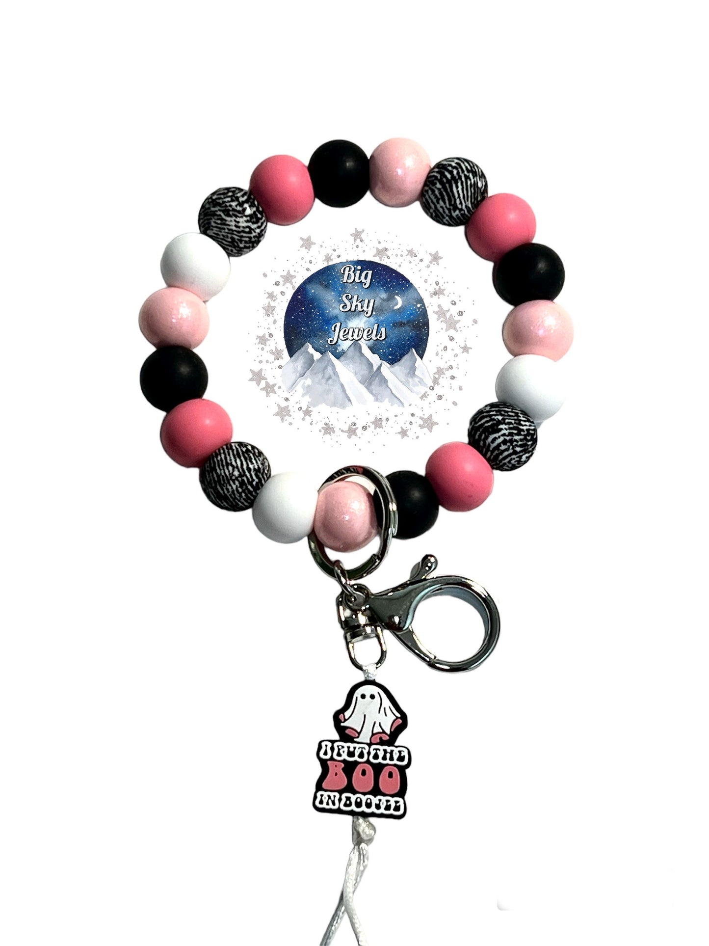 I Put the BOO in Boojee Halloween Silicone Wristlet Keychain Pink Opal, White, Black, Pink, & Black Print Ages 8+ Kids or Ladies Men Halloween