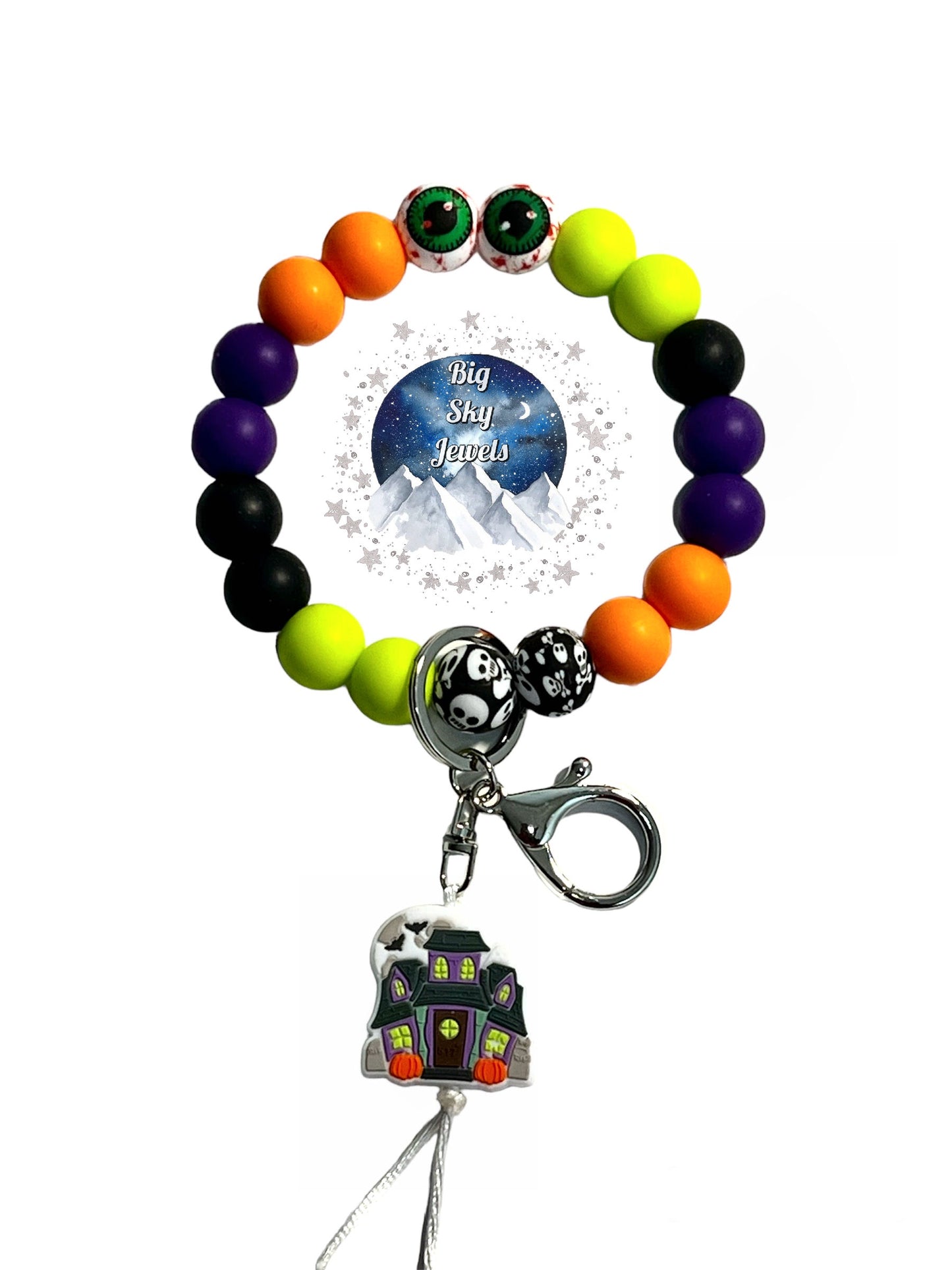 Haunted House Halloween Wristlet Keychain Silicone Lime Green, Eyeball Print, Skull & Bones Print, Orange, Purple, & Black Spooky Ages 8+ Kids or Ladies, Men, Moms
