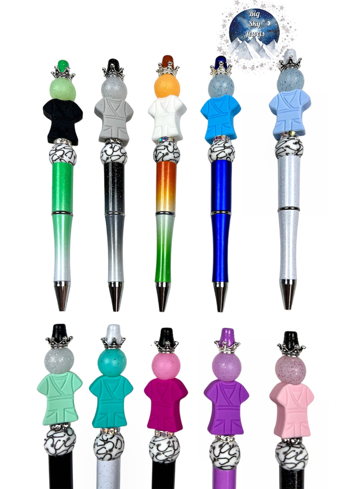 Nurse Healthcare Worker Scrub Pen Black, Gray, White, Sky Blue, Pastel Blue, Mint Green, Turquoise, Fuschia, Purple, Pink, Stethoscope Print Bead, Glitter Beads, Crowns Ages 5+ Kids or Ladies Moms Men Multiple Variation Listing