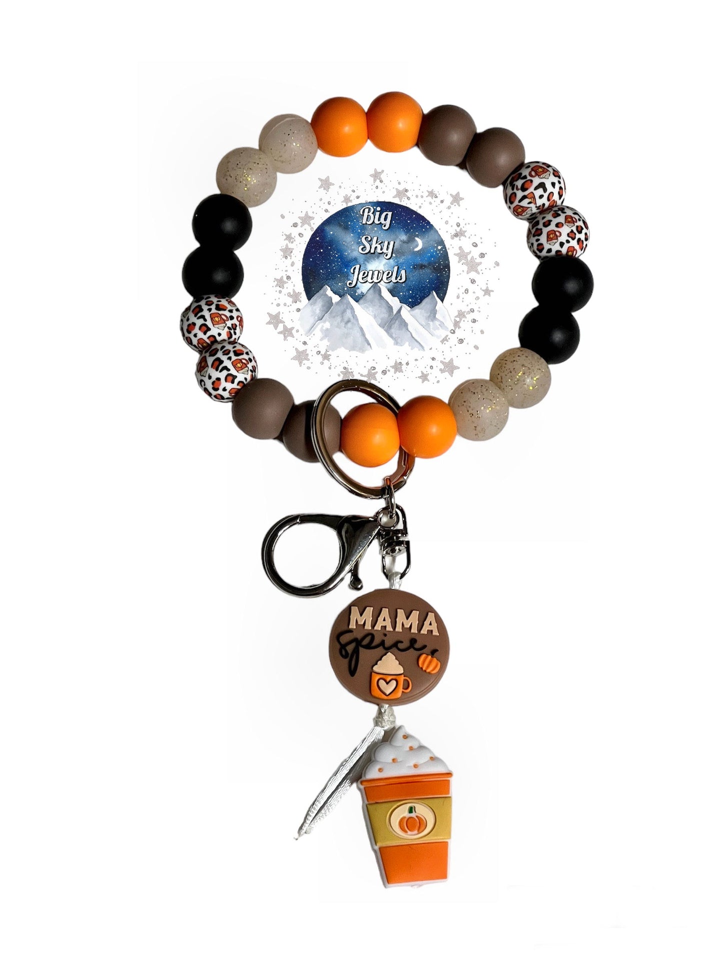Mama Spice Pumpkin Latte Wristlet Silicone Keychain Pumpkin Latte Print, Gold Glitter, Brown, Orange, and Black Ages 8+ Kids Ladies Moms Men Fall Autumn