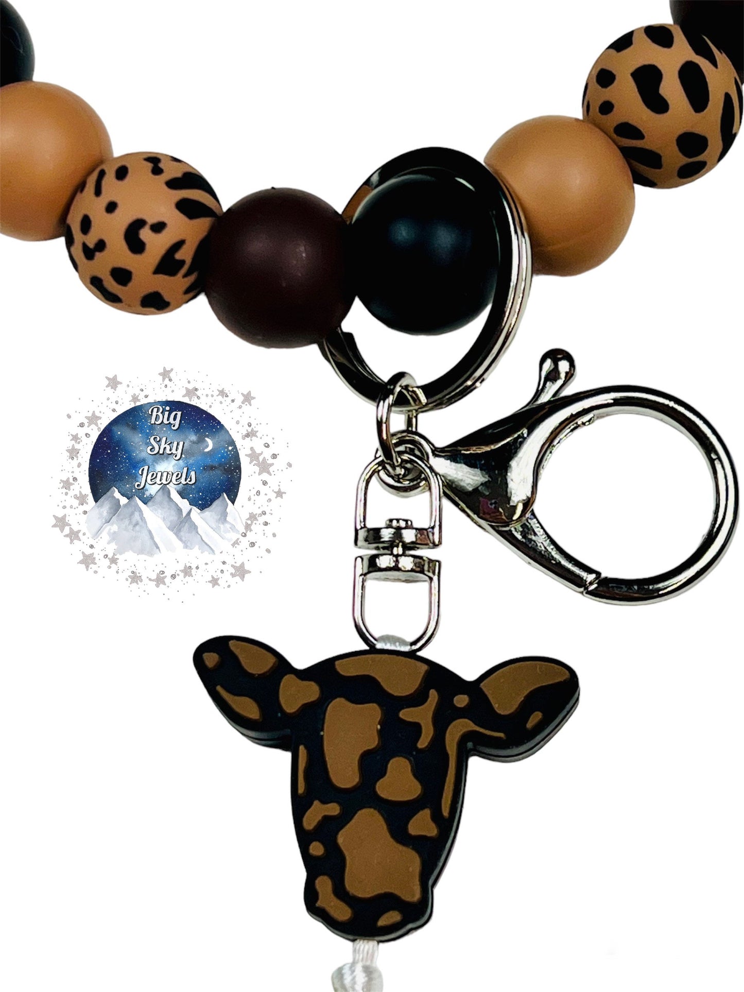 Chocolate Chip Cow Wristlet Keychain Silicone Black W/ Brown Cow Print Silicone Beads, Black, Brown. Ages 8+ Kids or Ladies, Moms, Men Western West