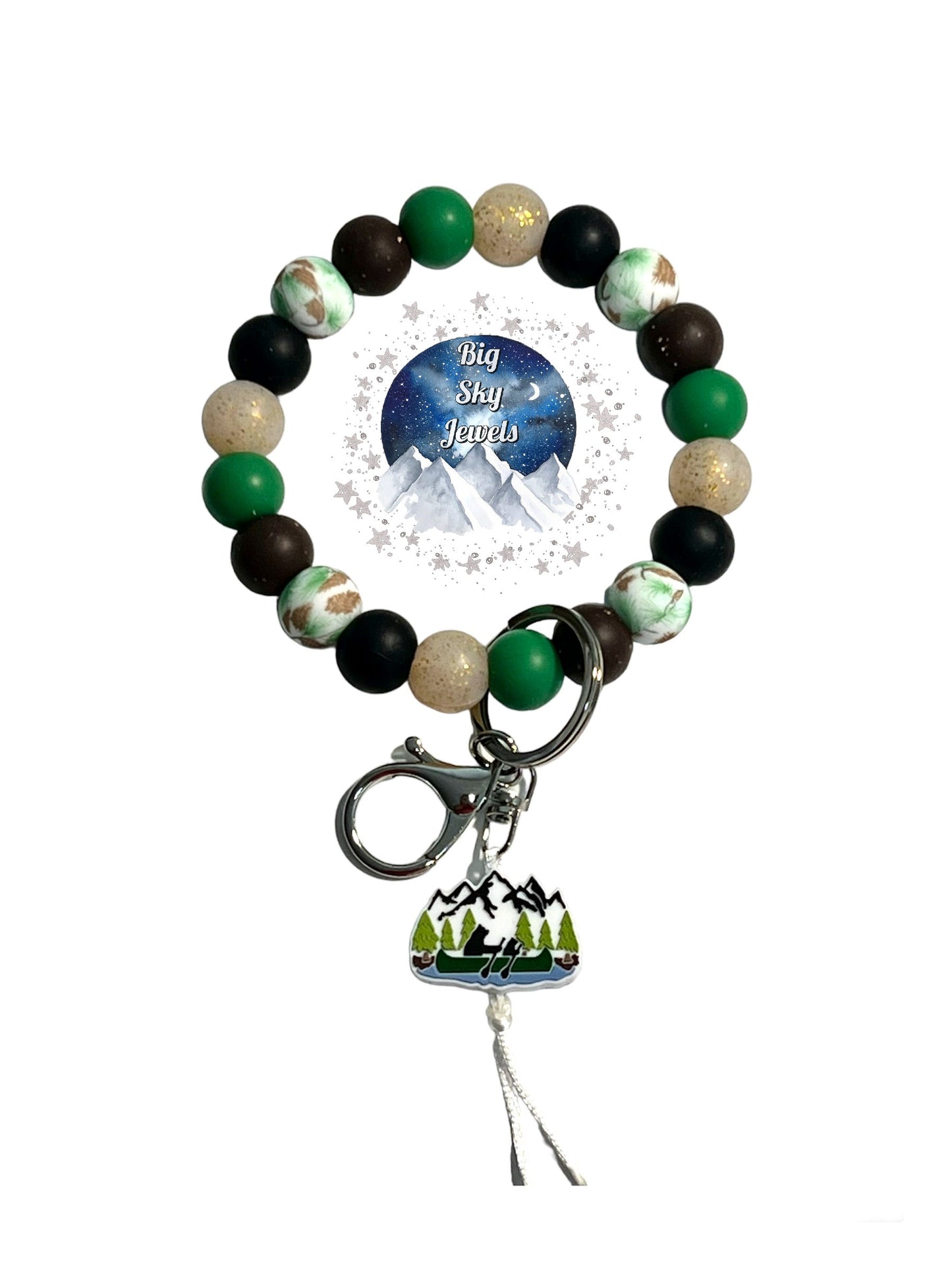 Bear's Big River Adventure Wristlet Silicone Keychain Pine Forest Print, Gold Glitter, Brown, Green, and Black Ages 8+ Kids Ladies Moms Men Mountain Forest