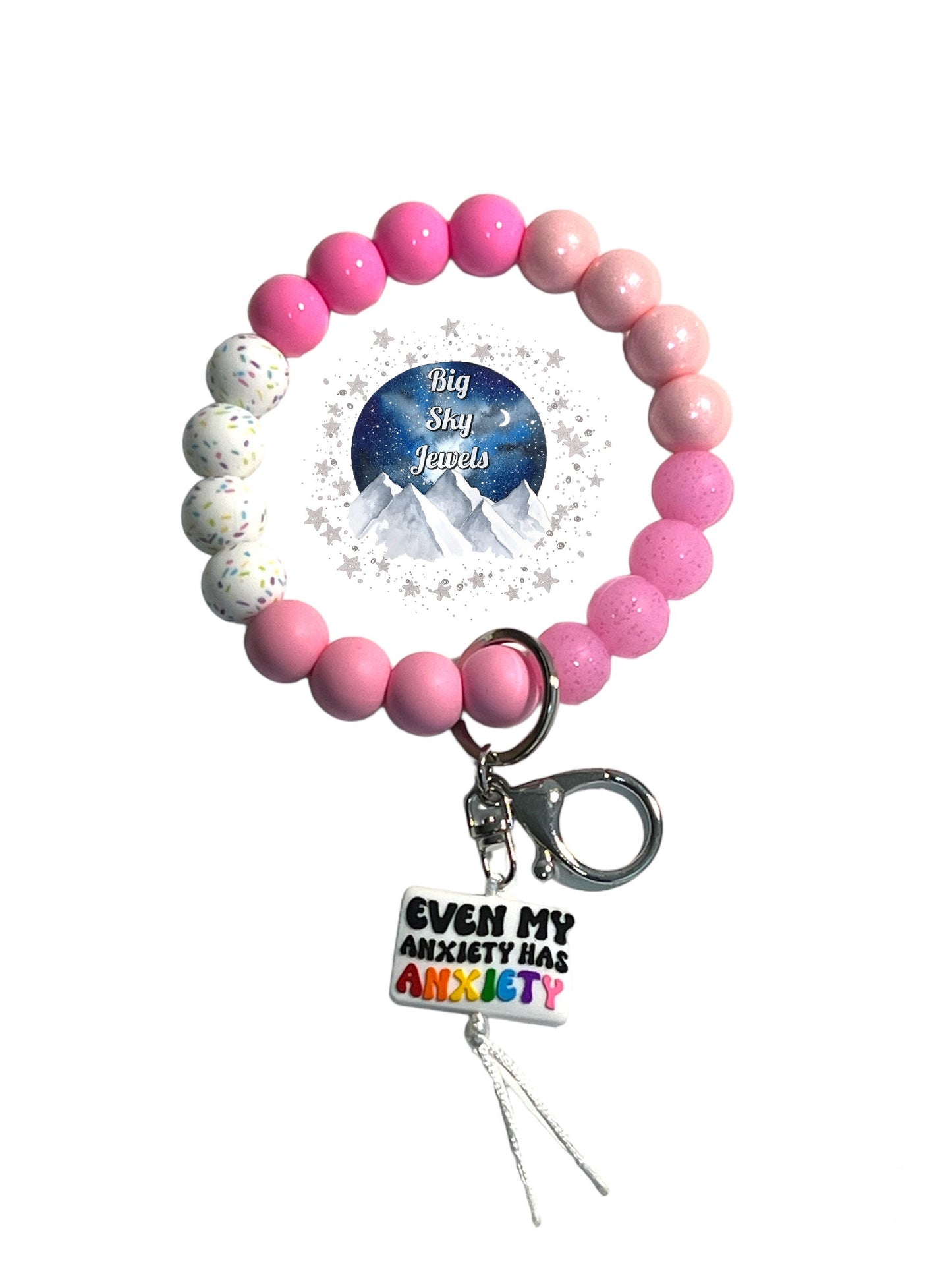 Even My Anxiety Has Anxiety Pink Wristlet Keychain Sprinkle Print, Pink Glitter, Pink Opal, Pink, and Liquid Pink Ages 8+ Kids Ladies Moms Men