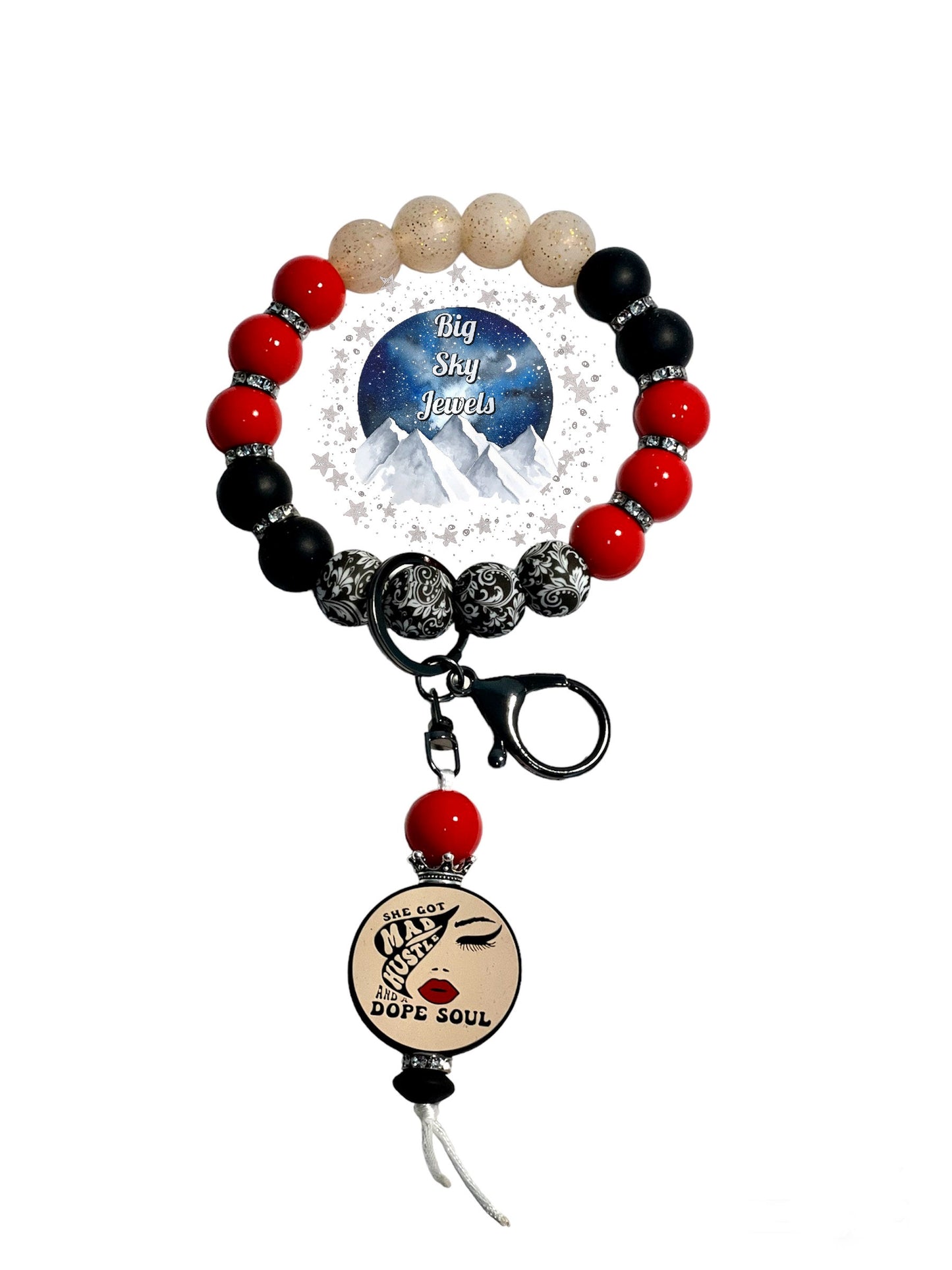 💋 “She Got Mad Hustle & A Dope Soul” Wristlet Keychain Silicone Black & White Swirl print, Gold Glitter, Liquid Red, and Black Ages 8+ Kids or Ladies Men Western West