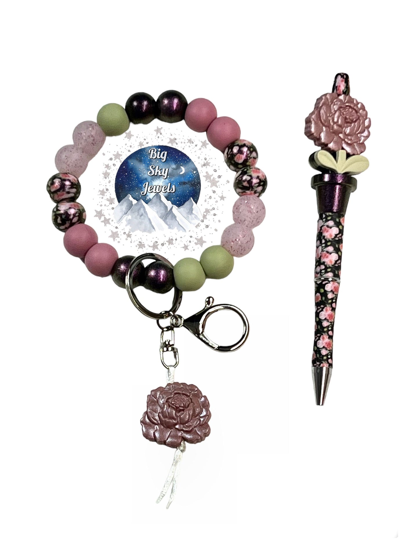 Ash Rose Peony Flower Silicone Wristlet Keychain + Pen Set Pink, Opal Black, Opal Black Rose Floral Print, Glitter & Green, Ladies Mothers Day Moms Spring Flowers Easter