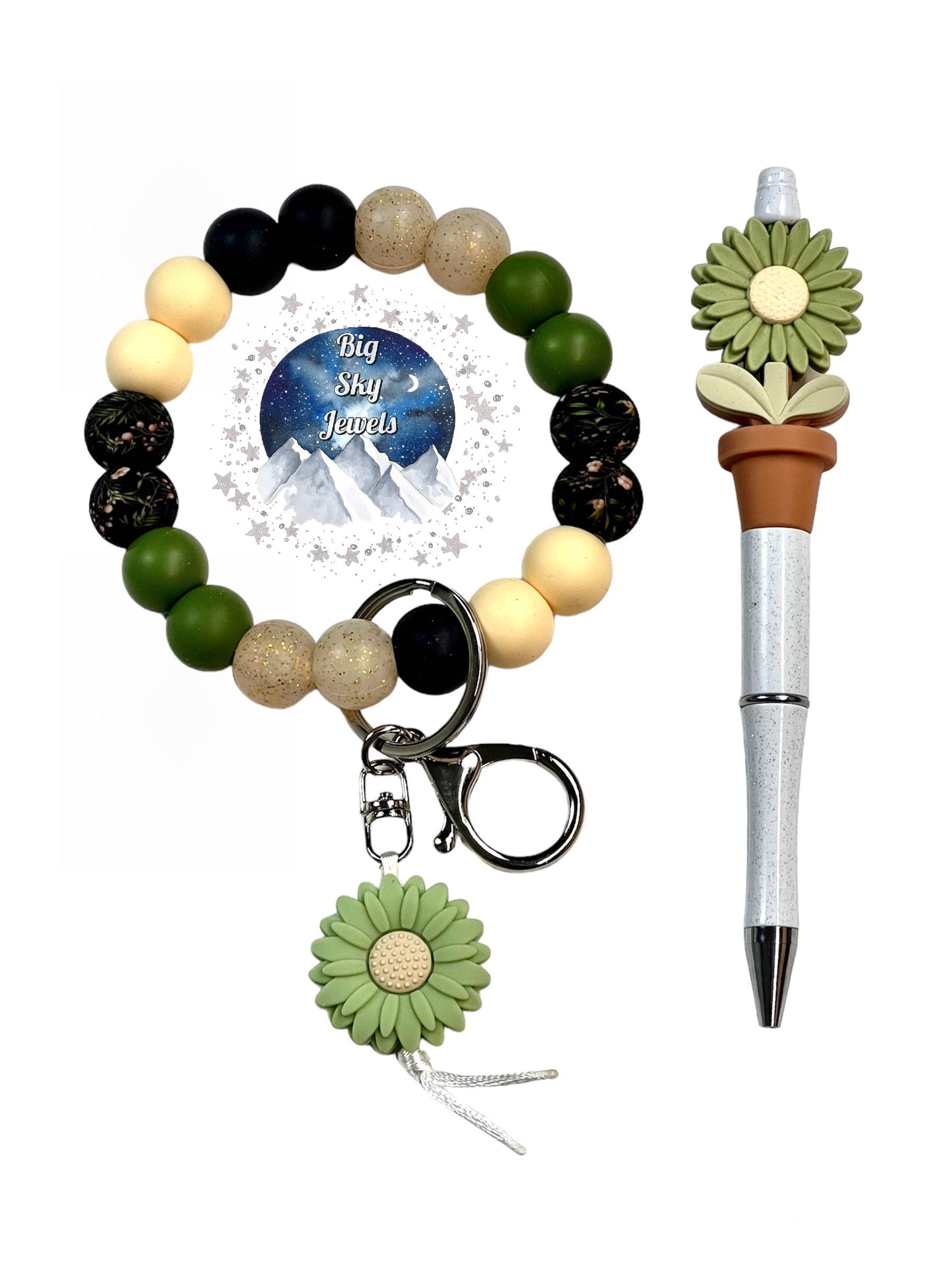 Nightime Floral Silicone Wristlet Keychain + Pen Set Black, Black Floral Print, Glitter, Beige & Green, Ladies Mothers Day Moms Spring Flowers Easter