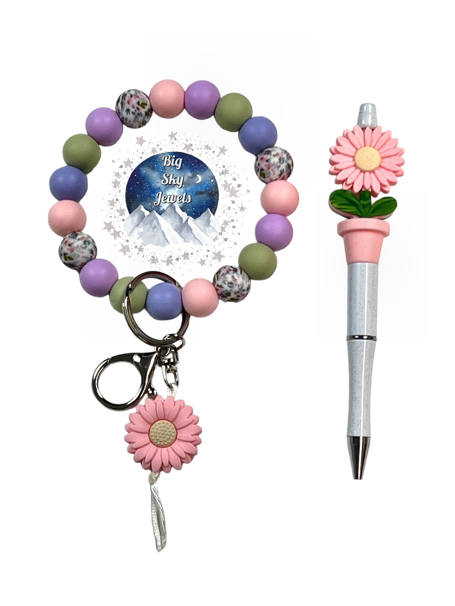 Lilac & Pink Flowers Silicone Wristlet Keychain + Pen Set Pink, Light Lilac, Floral Print, Purple & Light Green, Ladies Mothers Day Moms Spring Flowers