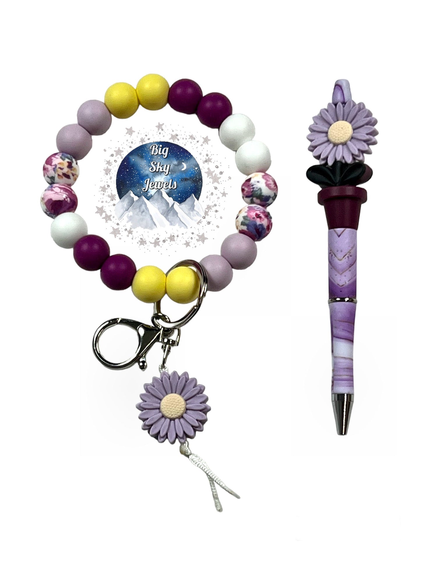 Spring Flowers Silicone Wristlet Keychain + Pen Set Taro, Magenta, Spring Flower Print, Yellow & White, Ladies Mothers Day Moms Spring Flowers Easter