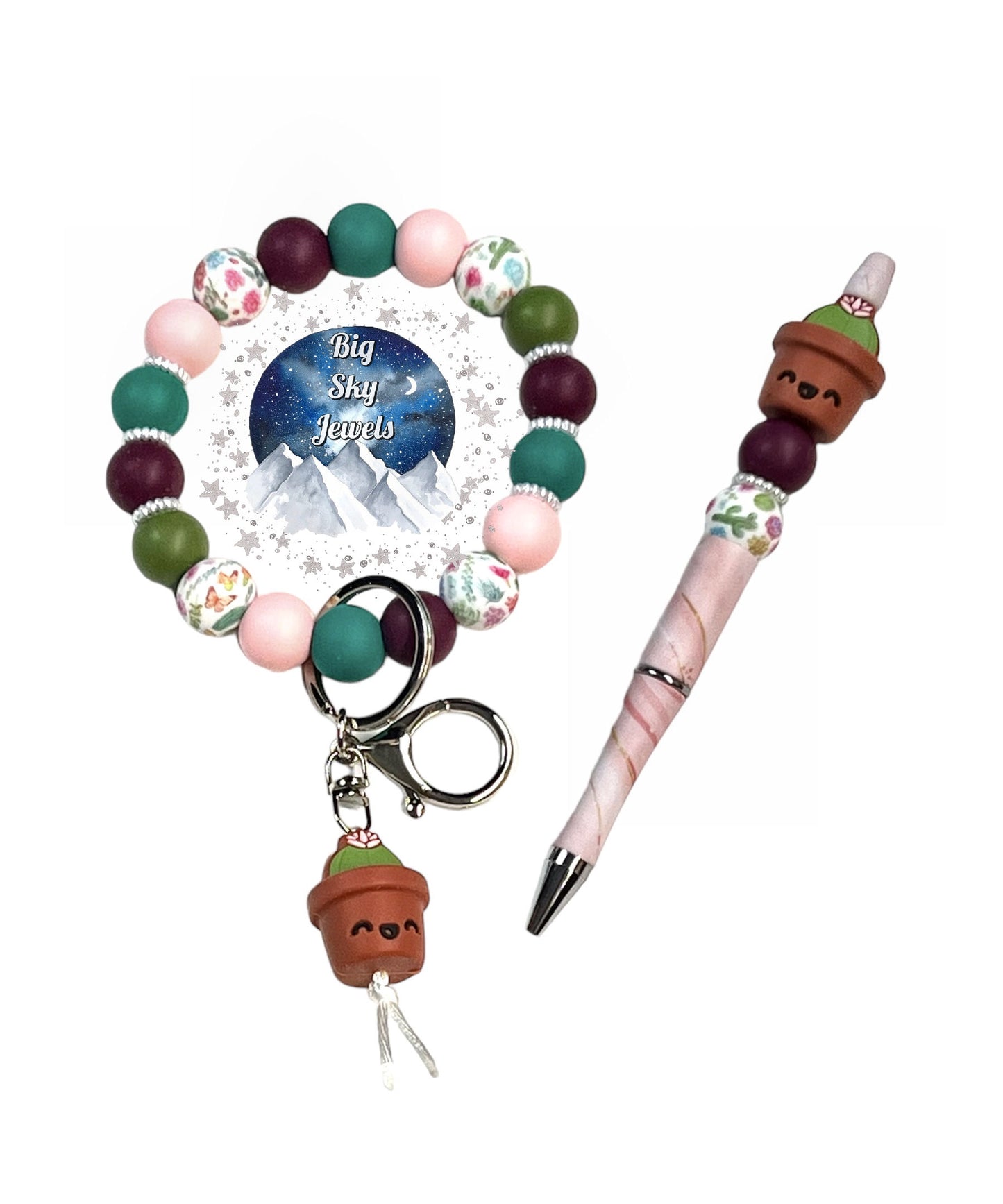 Stabitha the Cactus Silicone Wristlet Keychain + Pen Set Cactus Butterfly Print, Wine, Pink, Green, Emerald, White Pearl Spacers Ladies Succulent Mothers Day Moms Spring Flowers Easter