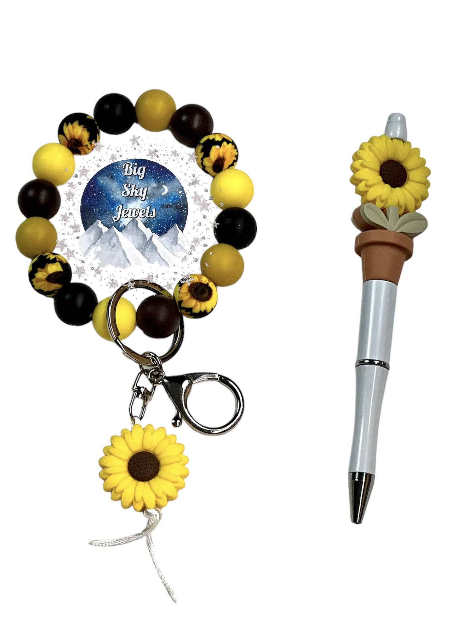 Sunflower Silicone Wristlet Keychain + Pen Set Sunflower Print, Black, Brown, Mustard and Yellow, Ladies Mothers Day Moms Spring Flowers Easter