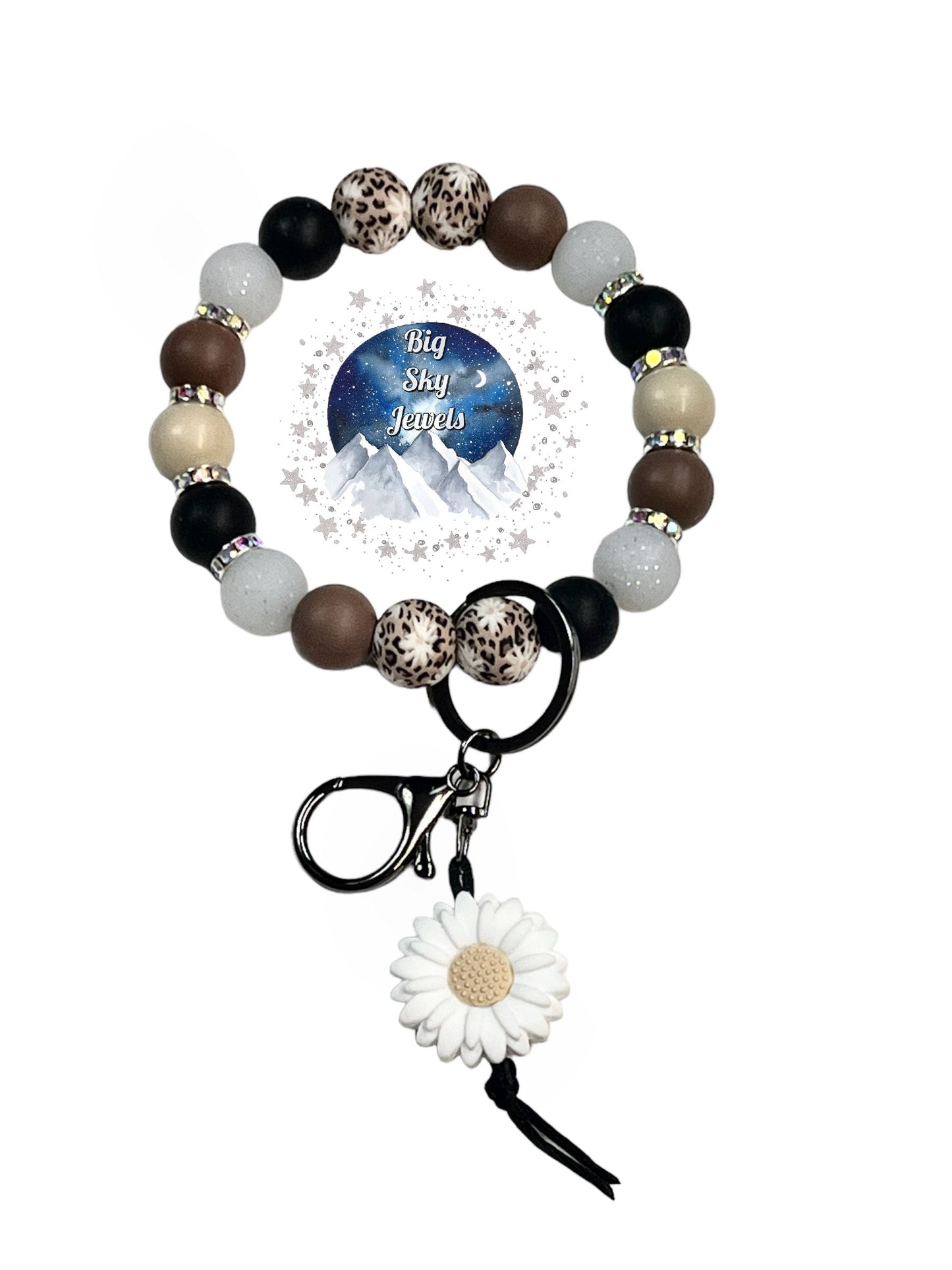 💋 Leopard Daisy Floral Silicone Wristlet Keychain Leopard Daisy Flower print, Brown, White Glitter, Cream and Black Ages 8+ Kids or Ladies Men Floral