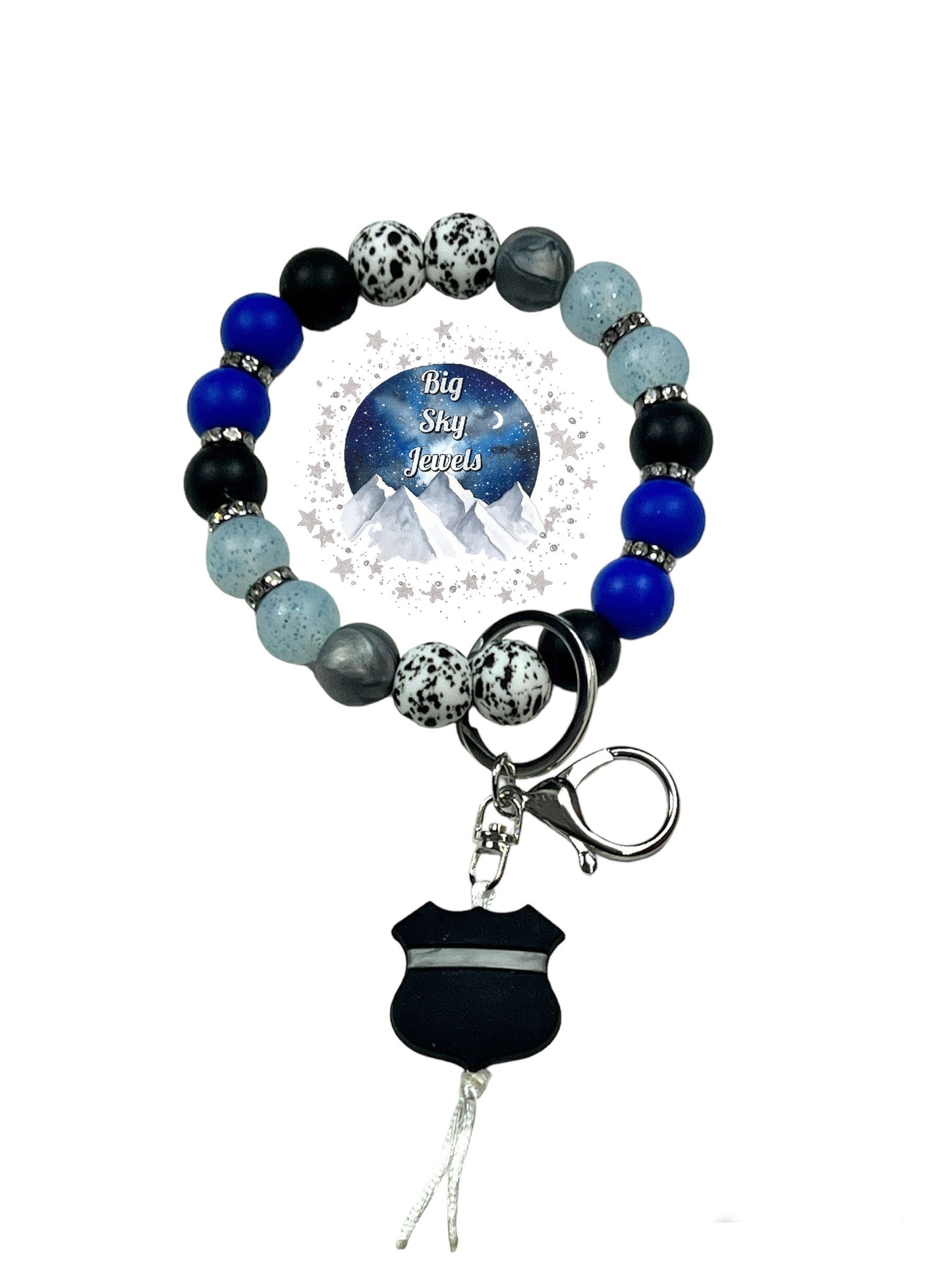 Thin Silver Line ~ Corrections Officer Silicone Wristlet Keychain Black Paint Splatter print, Black, Blue Glitter, Silver Pearl and Blue Ages 8+ Kids or Ladies Men