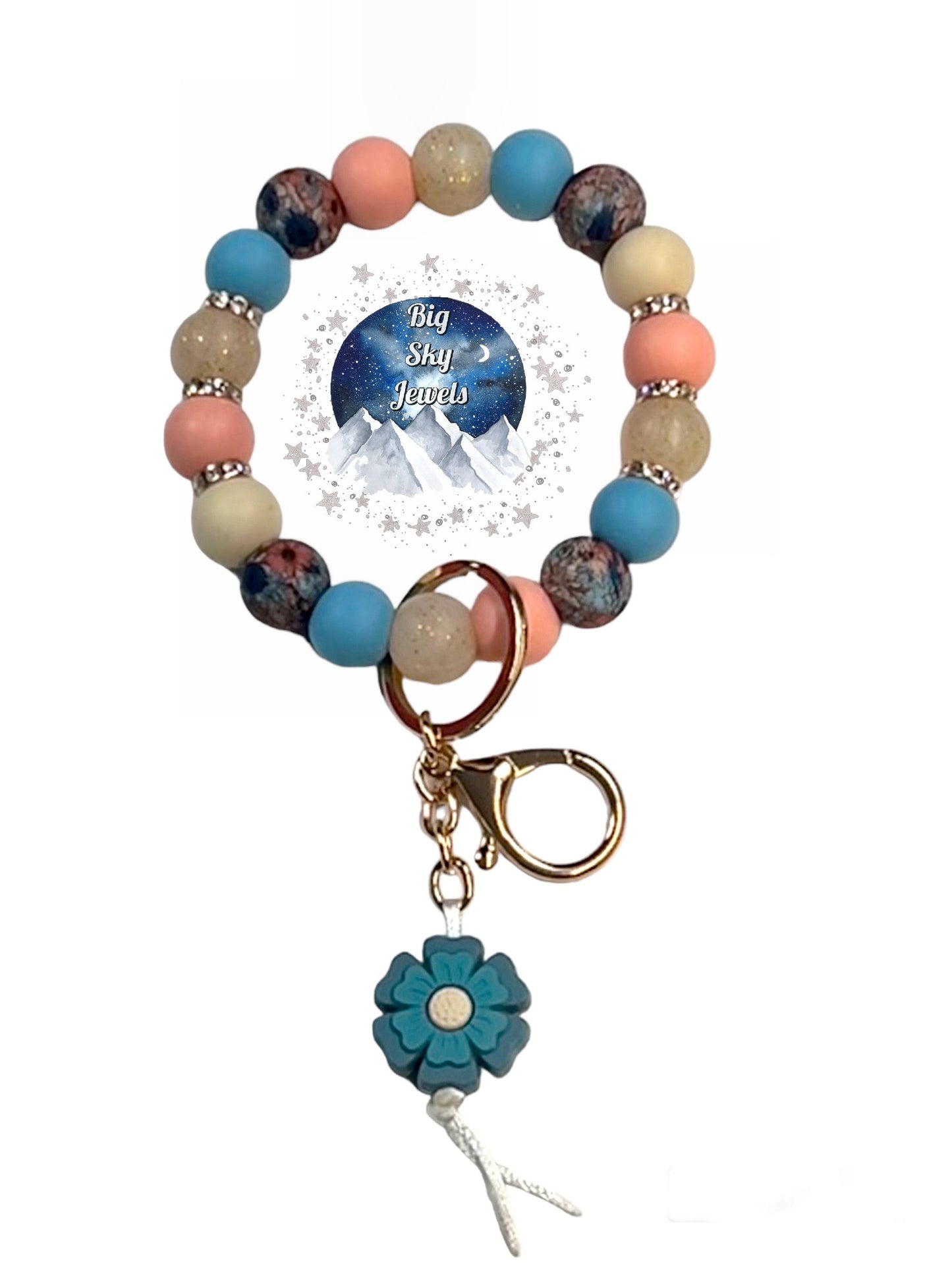 💋 Dreamy Floral Silicone Wristlet Keychain Blue Flower print, Peach, Gold Glitter, Beige and Blue Ages 8+ Kids or Ladies Men Floral