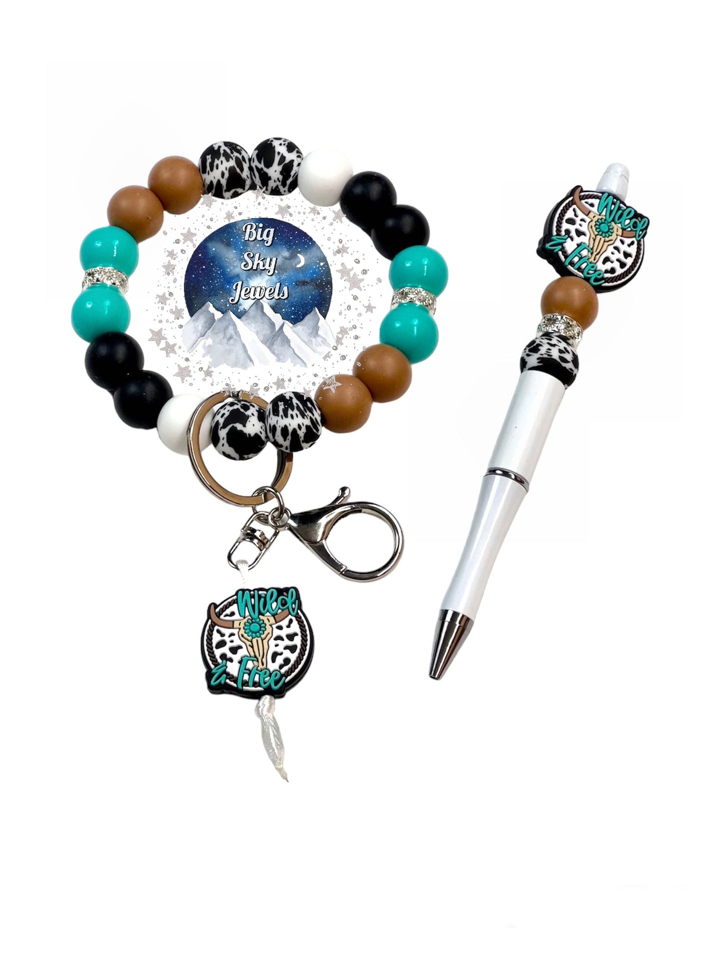 Western Bull Skull Silicone Wristlet Keychain + Pen Set "Wild & Free" Camel, Black, Black & White Cow Print, Liquid Turquoise, White Ladies Mothers Day Moms Montana